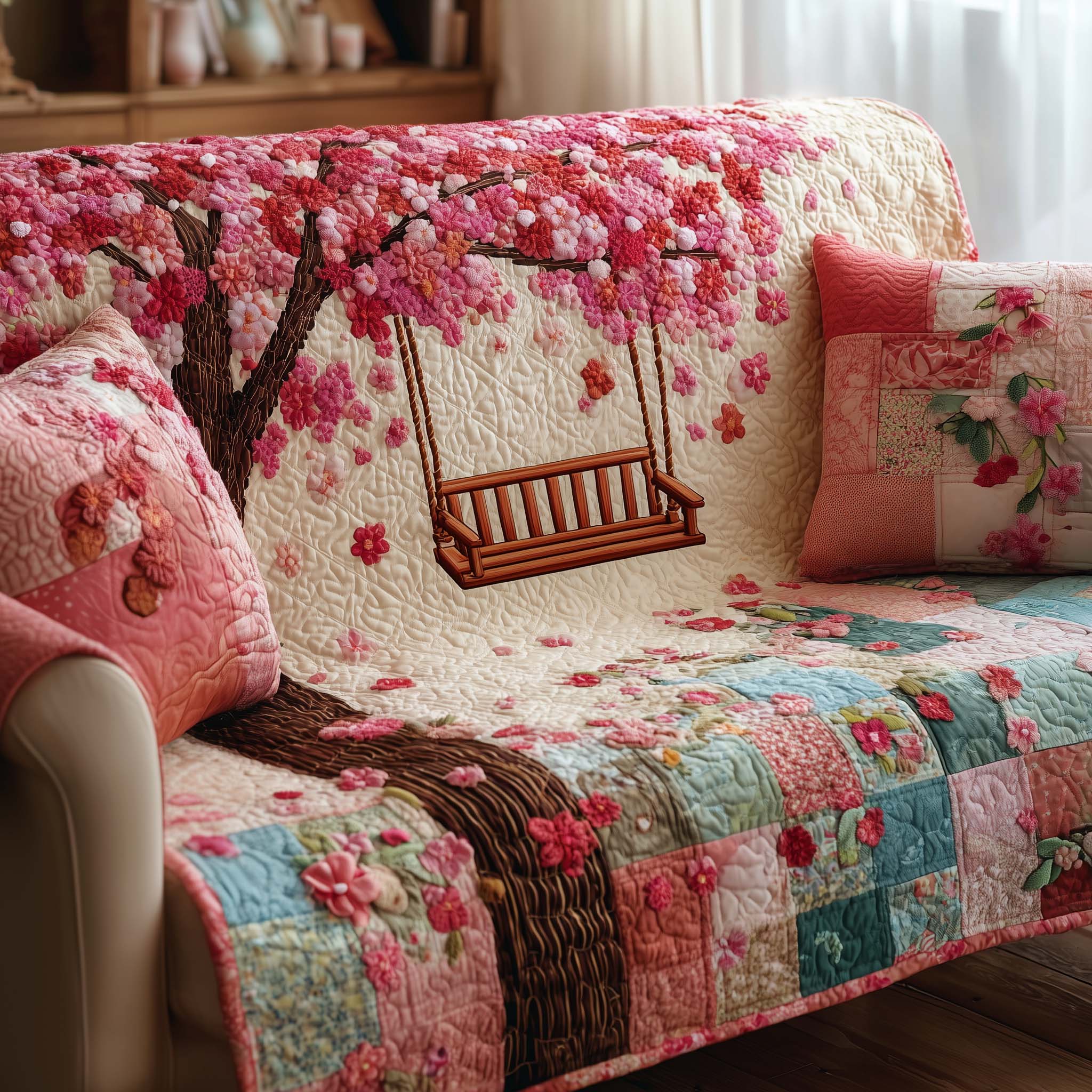 Blossom Drift Quilted Sofa Cover Floral Home Couch Cover Trendy Room Decor Gifts - Tradiviet