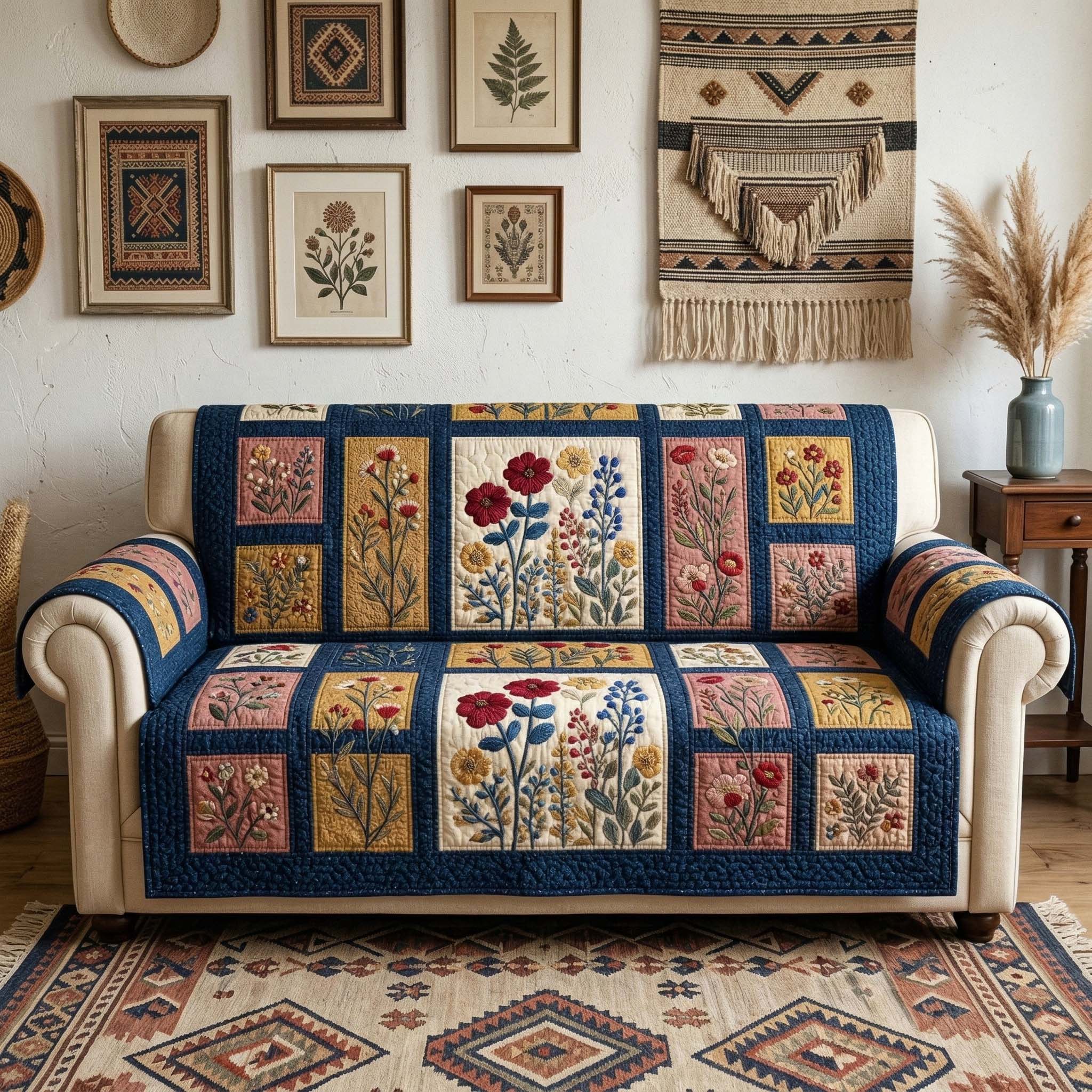 Blossom Grace Quilted Sofa Cover Floral Home Couch Cover Cute Room Decor Finds - Tradiviet