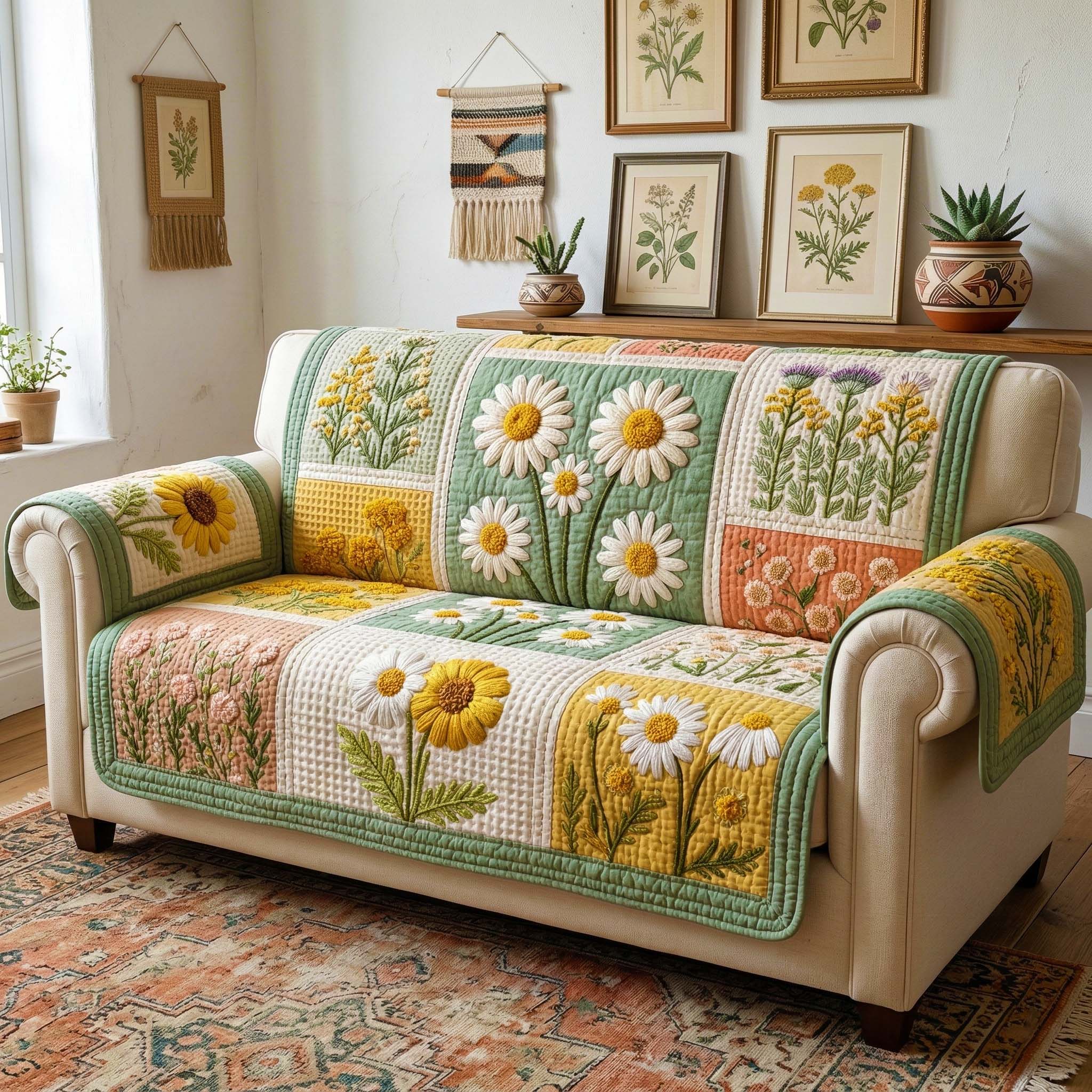 Blossom Grace Quilted Sofa Cover Floral Home Couch Cover Home Gift For Her - Tradiviet