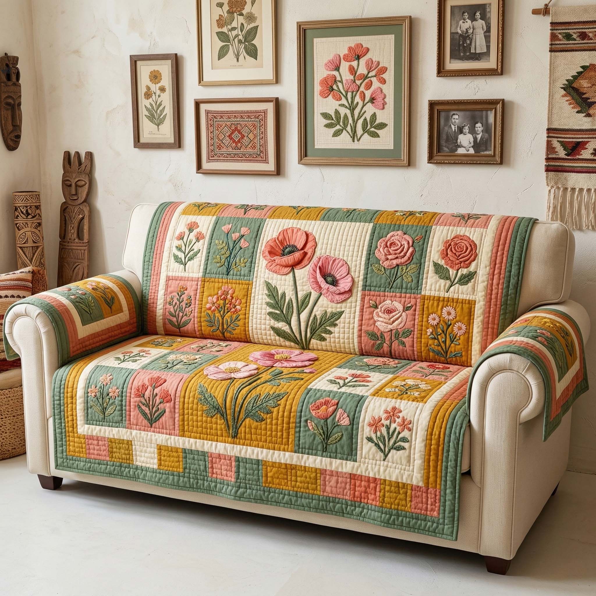 Blossom Grace Quilted Sofa Cover Floral Home Couch Cover Home Gifts For Him - Tradiviet
