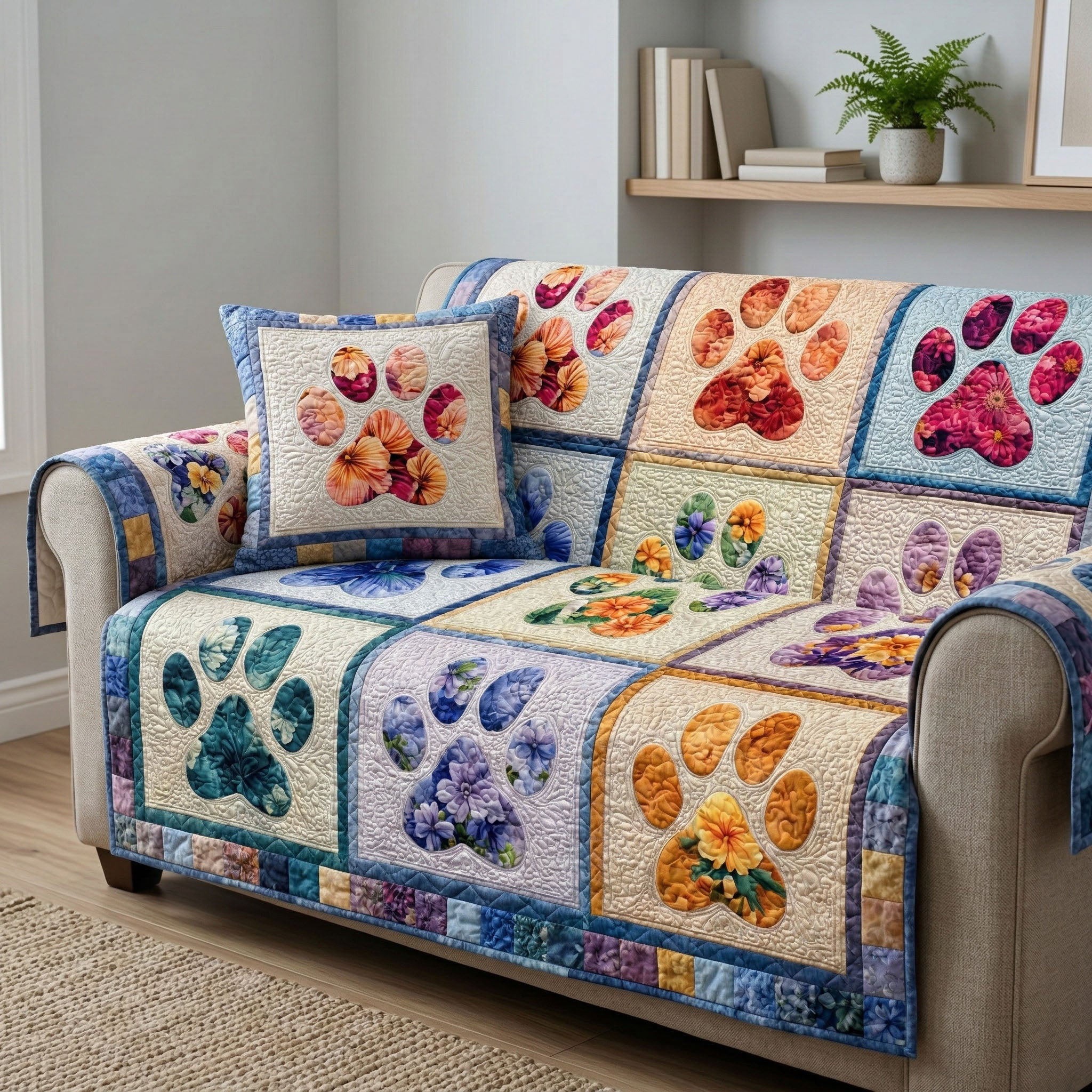 Blossom Paw Quilted Sofa Cover Home Decorattions Top Gifts For Dog Lovers - Tradiviet