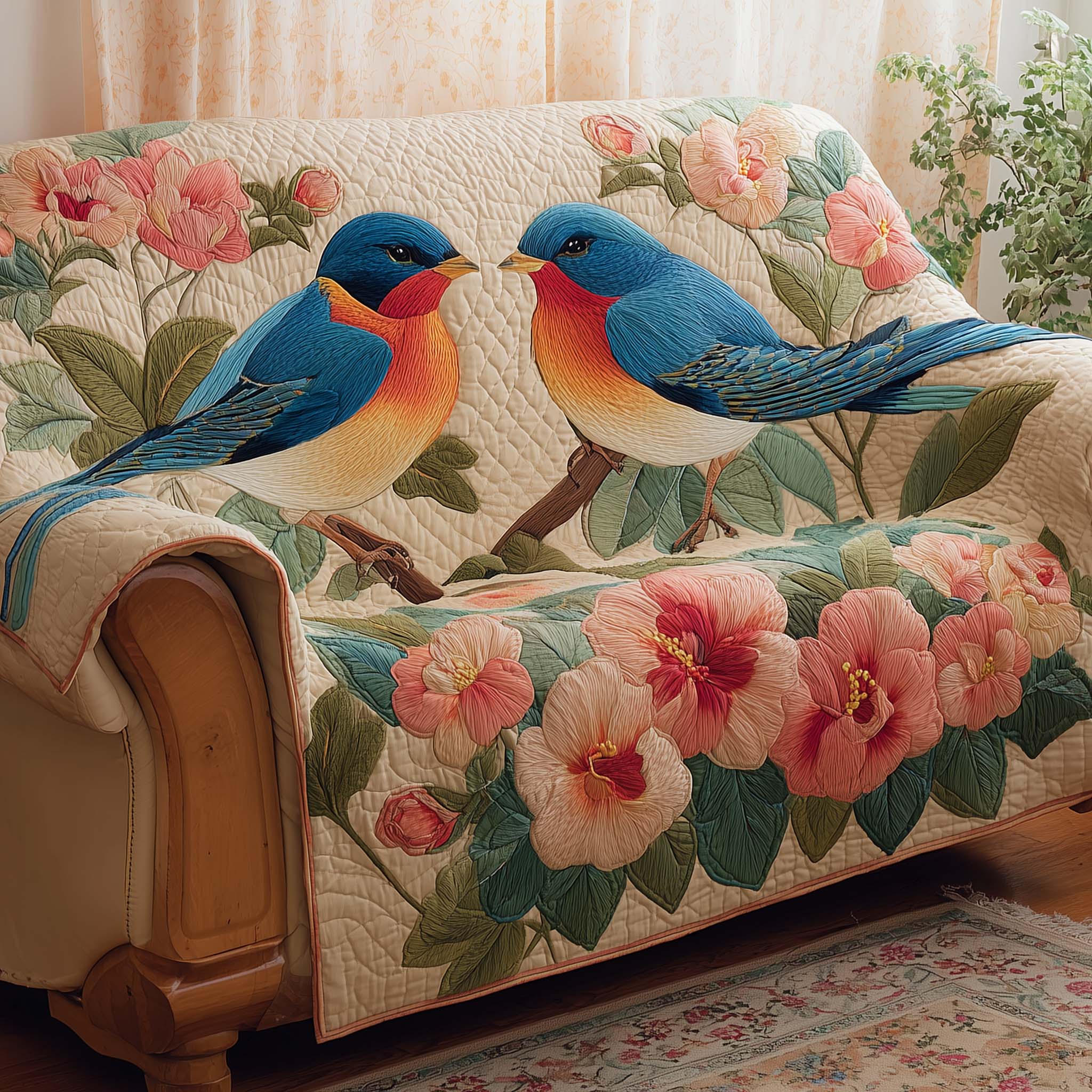 Blossom Swallow Quilted Sofa Cover Bird Home Couch Cover Gift For Cozy Spaces - Tradiviet