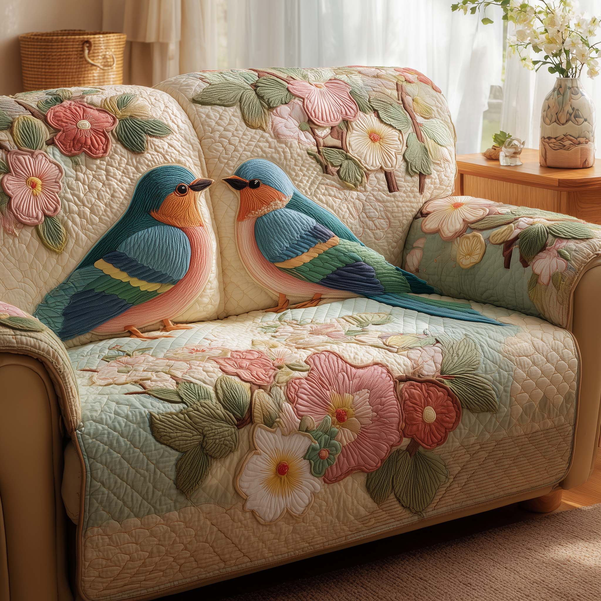 Blossom Swallow Quilted Sofa Cover Bird Home Couch Cover Gifts For Living Rooms - Tradiviet