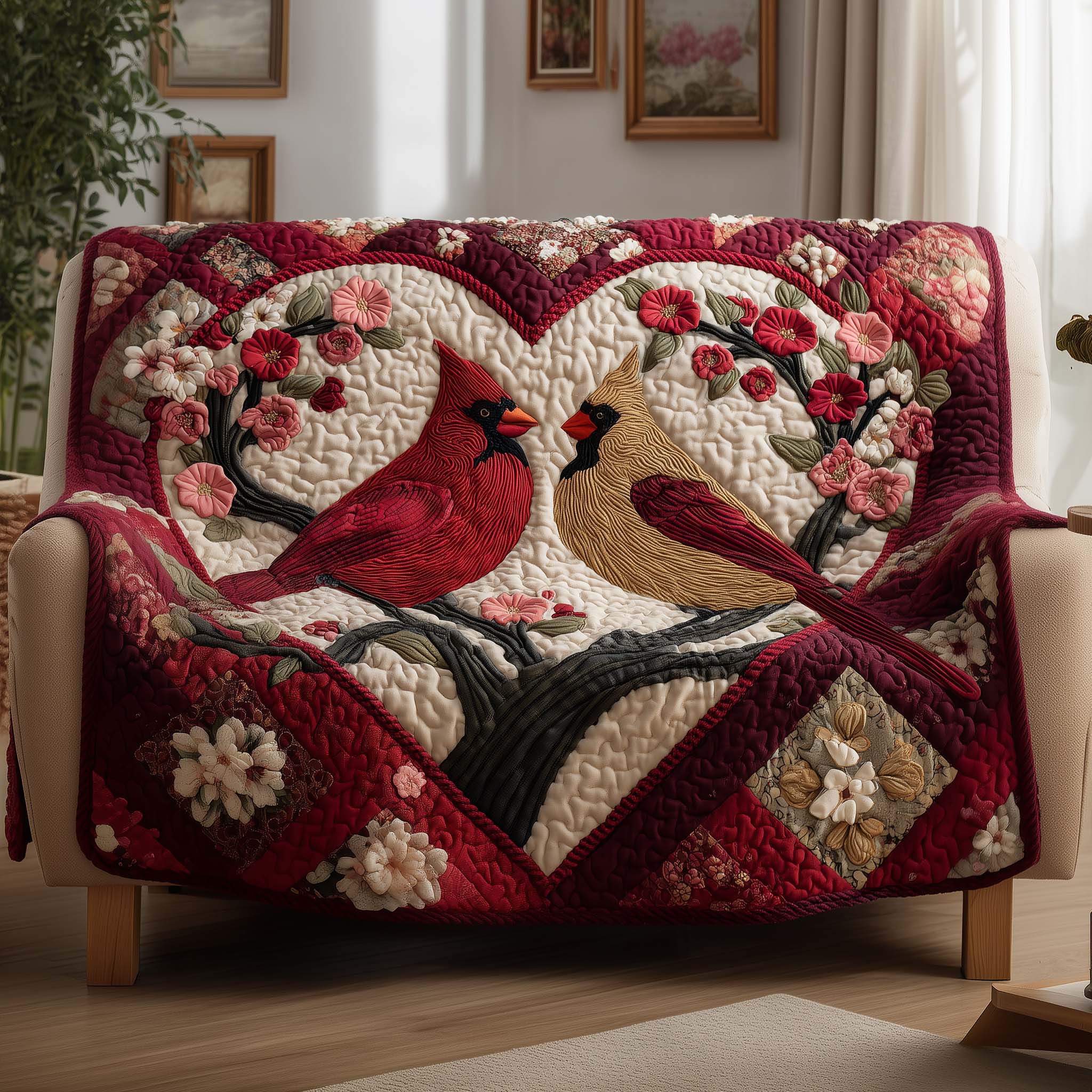 Blossombound Cardinals Quilted Sofa Cover Bird Home Couch Cover Gift Ideas For Cat Lovers - Tradiviet
