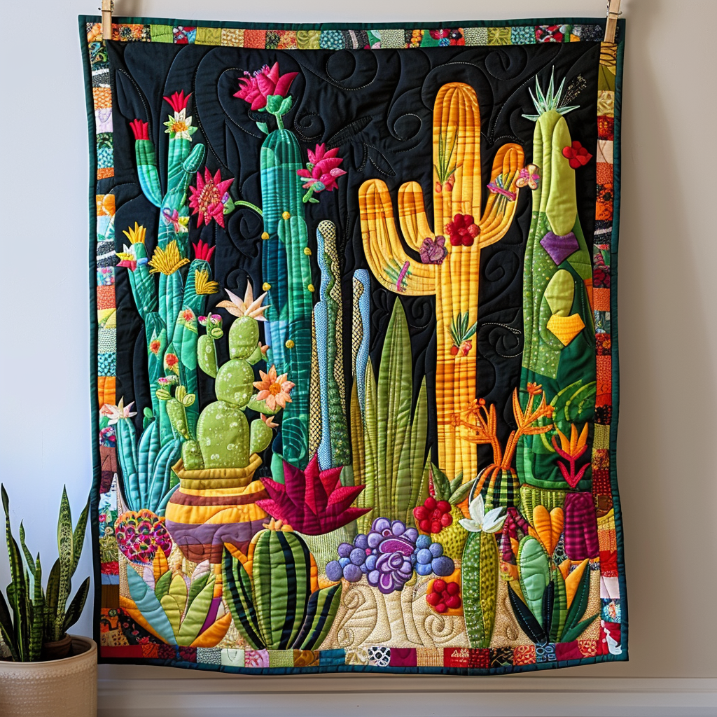 Blossoming Cactus Elegance Quilted Blanket July 4 1776 July 4 2026 Patriotic Gifts - Tradiviet