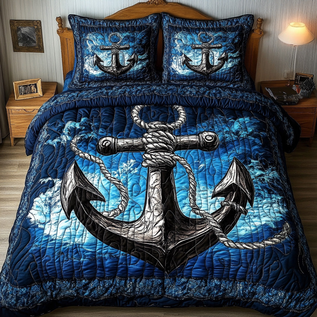 Blue Anchor Quilted Bedding Set Blue Anchor Artistry Gift For Blue Friends - Tradiviet