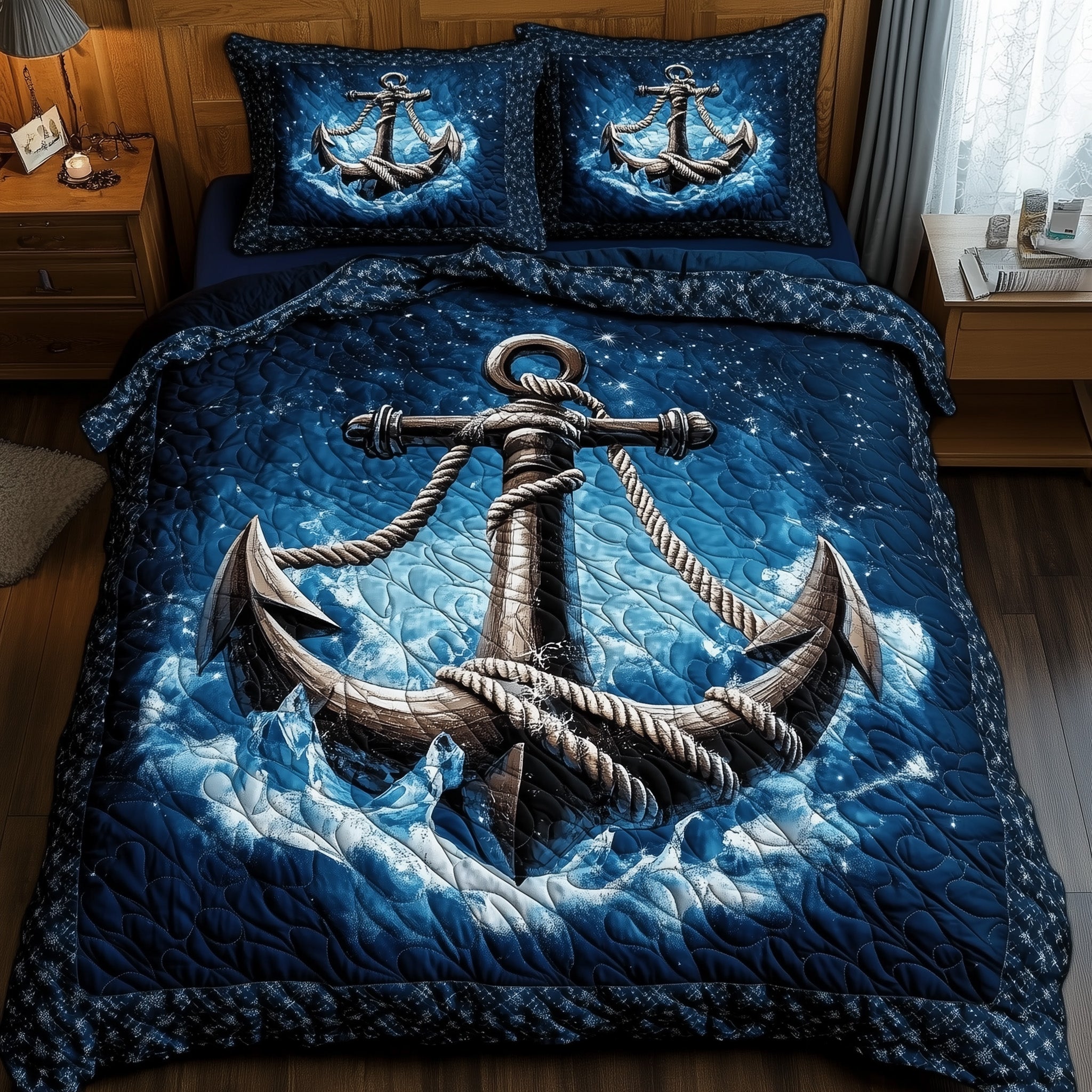 Blue Anchor Quilted Bedding Set Blue Anchor Coastal Gift For Blue Mom - Tradiviet