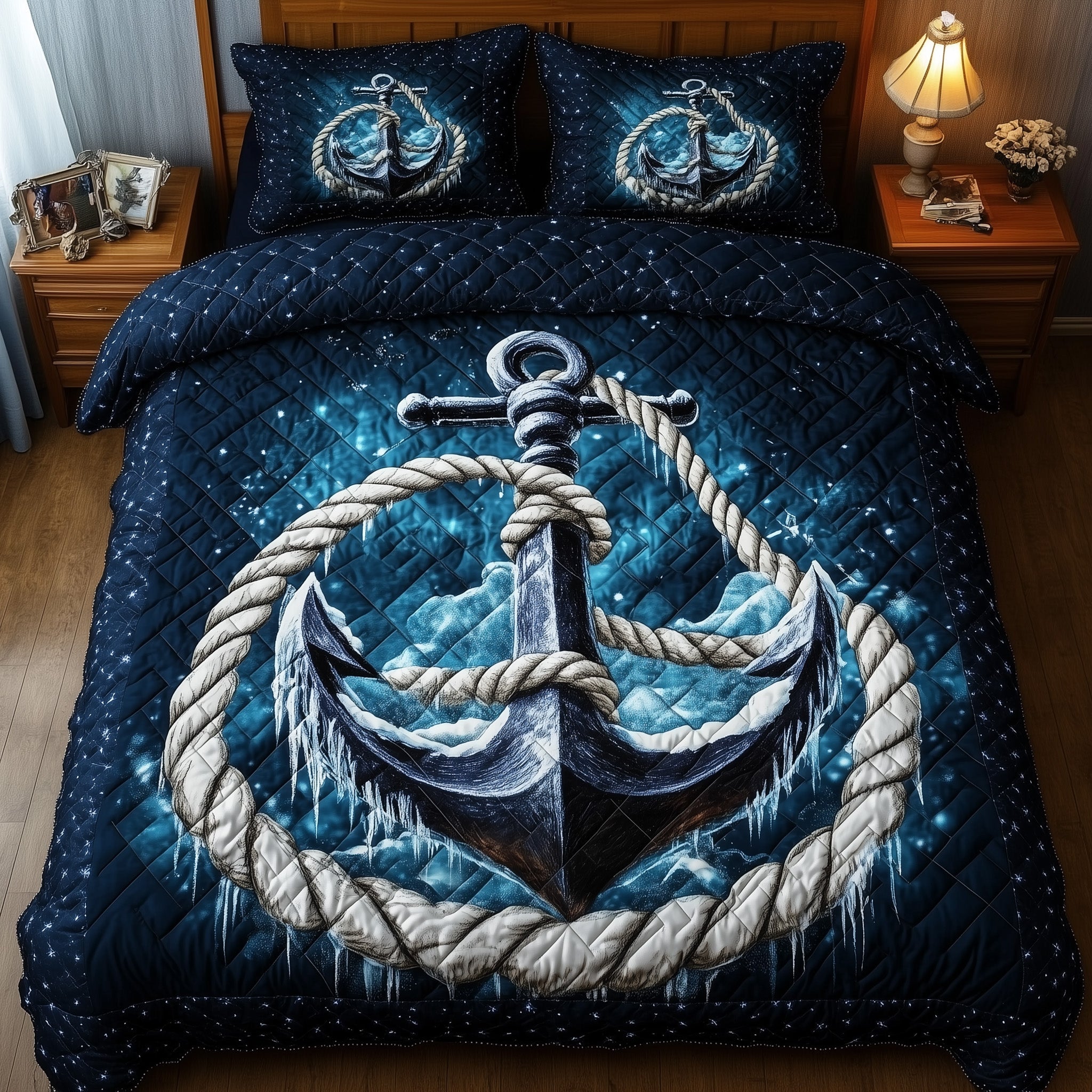 Blue Anchor Quilted Bedding Set Blue Anchor Holiday Gift For Anchor Family - Tradiviet