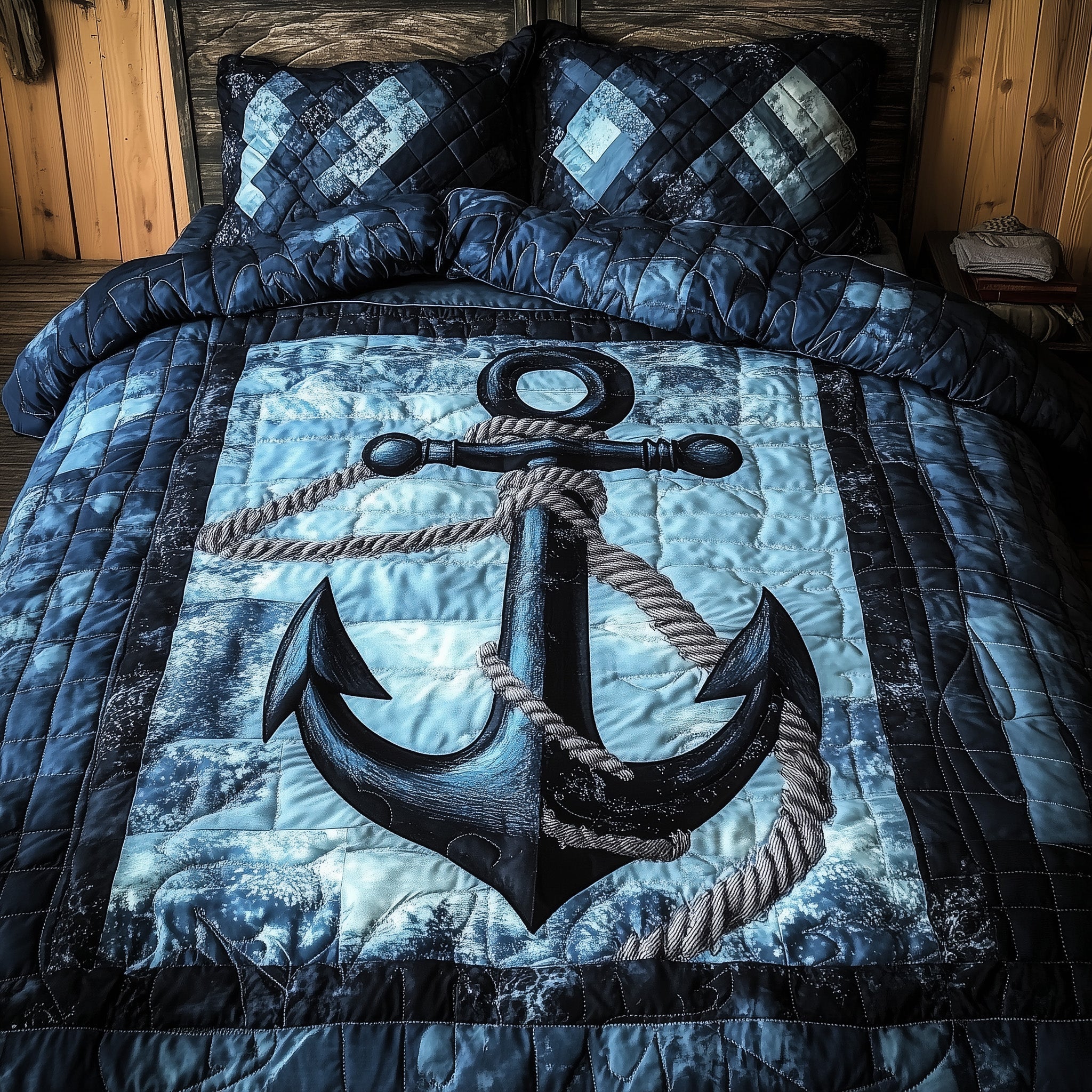 Blue Anchor Quilted Bedding Set Blue Anchor Tapestry Gift For Blue Family - Tradiviet