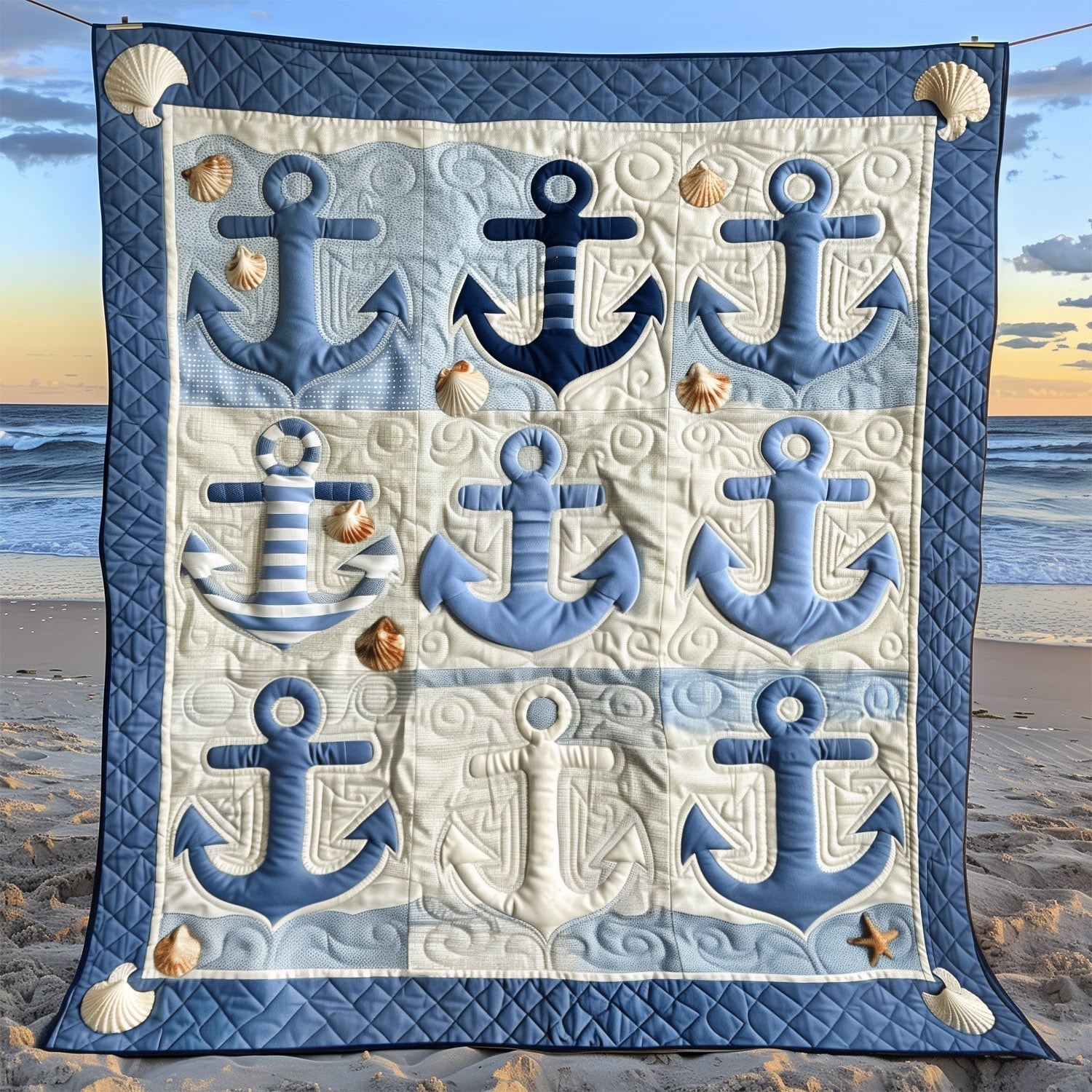 Blue Anchors Quilted Blanket USA 250 Years Of Independence Gifts For Patriotic Dad - Tradiviet