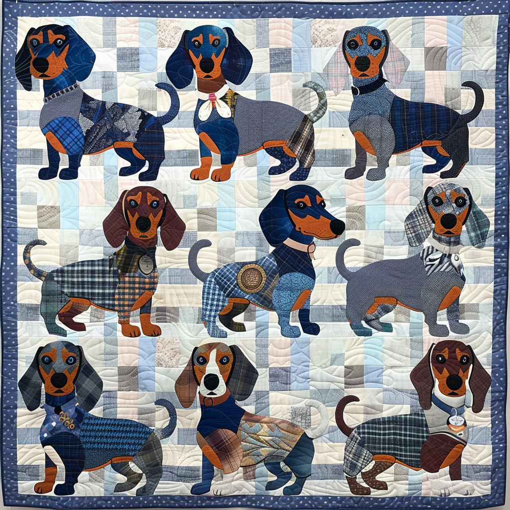 Blue Dachshunds Quilted Blanket Celebrate America's 250th Patriotic Birthday Gifts - Tradiviet