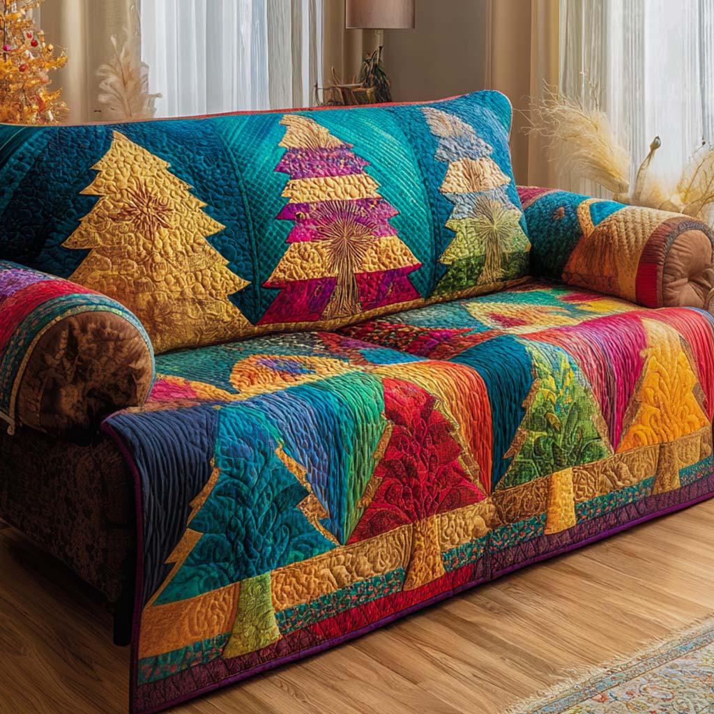 Blue Festive Tree Quilted Sofa Cover Santa Sofa Cover Christmas Ideas - Tradiviet