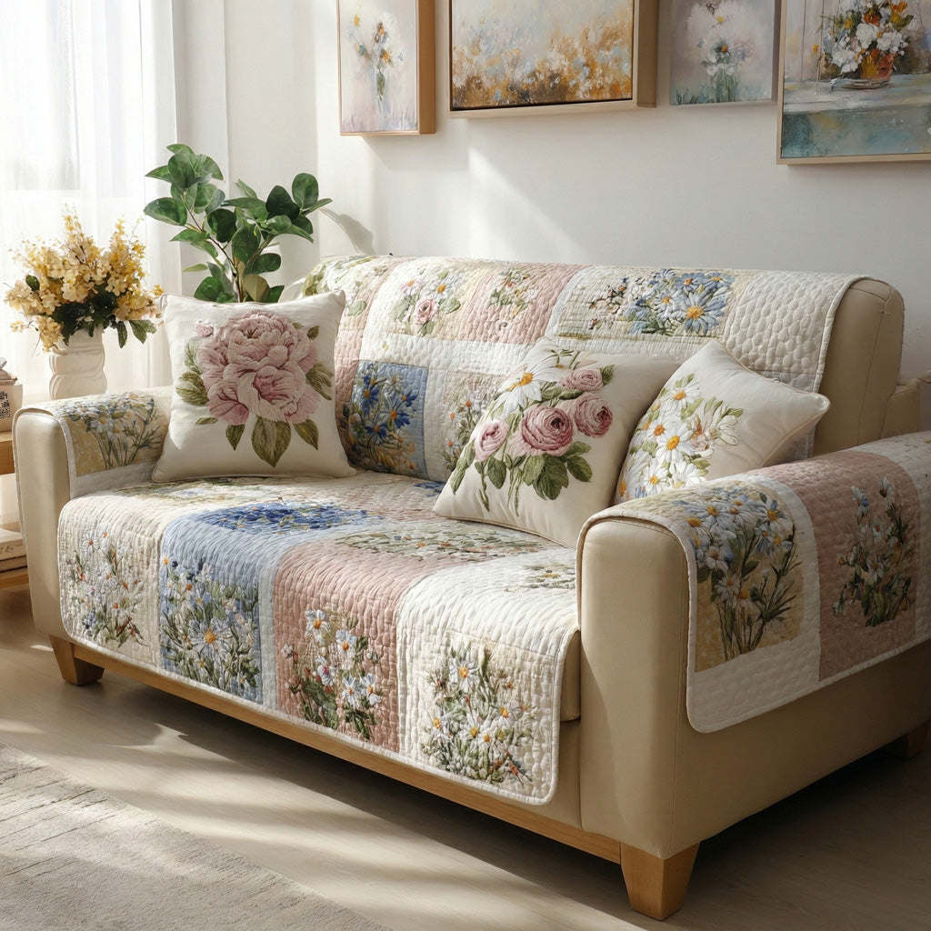 Blue Floral Panels Quilted Sofa Cover Warm Home Room Decor Gift For New Home - Tradiviet
