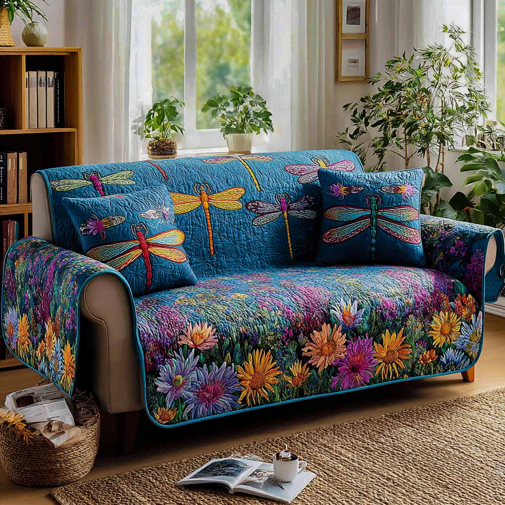 Blue Garden Quilted Sofa Cover Best Slipcovered Sofas Dragonfly Mother's Day Gifts - Tradiviet