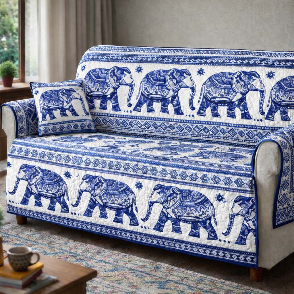 Blue Heritage Elephant Quilted Sofa Cover Safari Home Couch Cover Presents For Deer Hunters - Tradiviet