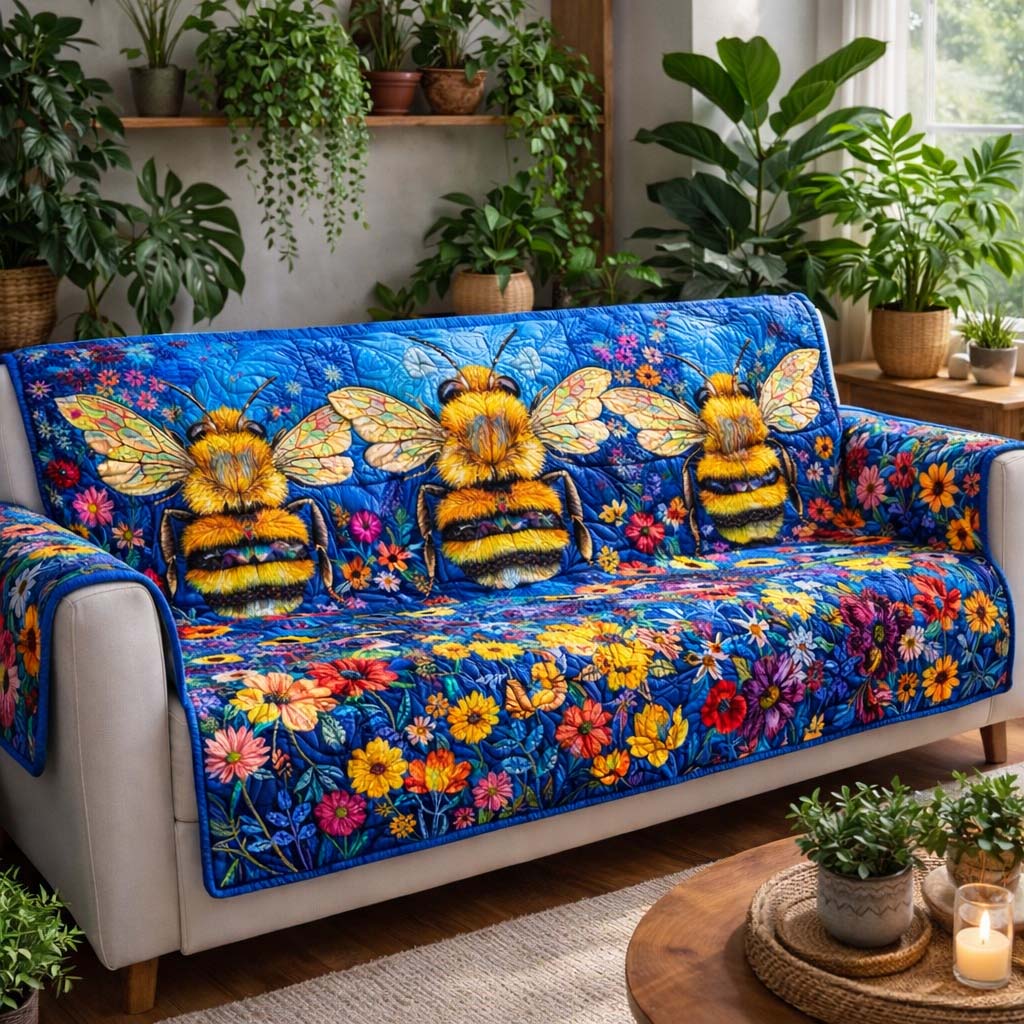 Blue Meadow Bees Quilted Sofa Cover Garden Home Couch Cover Gift For House Lover - Tradiviet