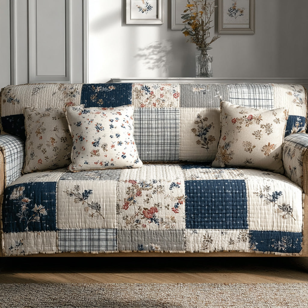 Blue Meadow Quilted Sofa Cover Elegant Home Room Decor Best Housewarming Gift Ideas - Tradiviet