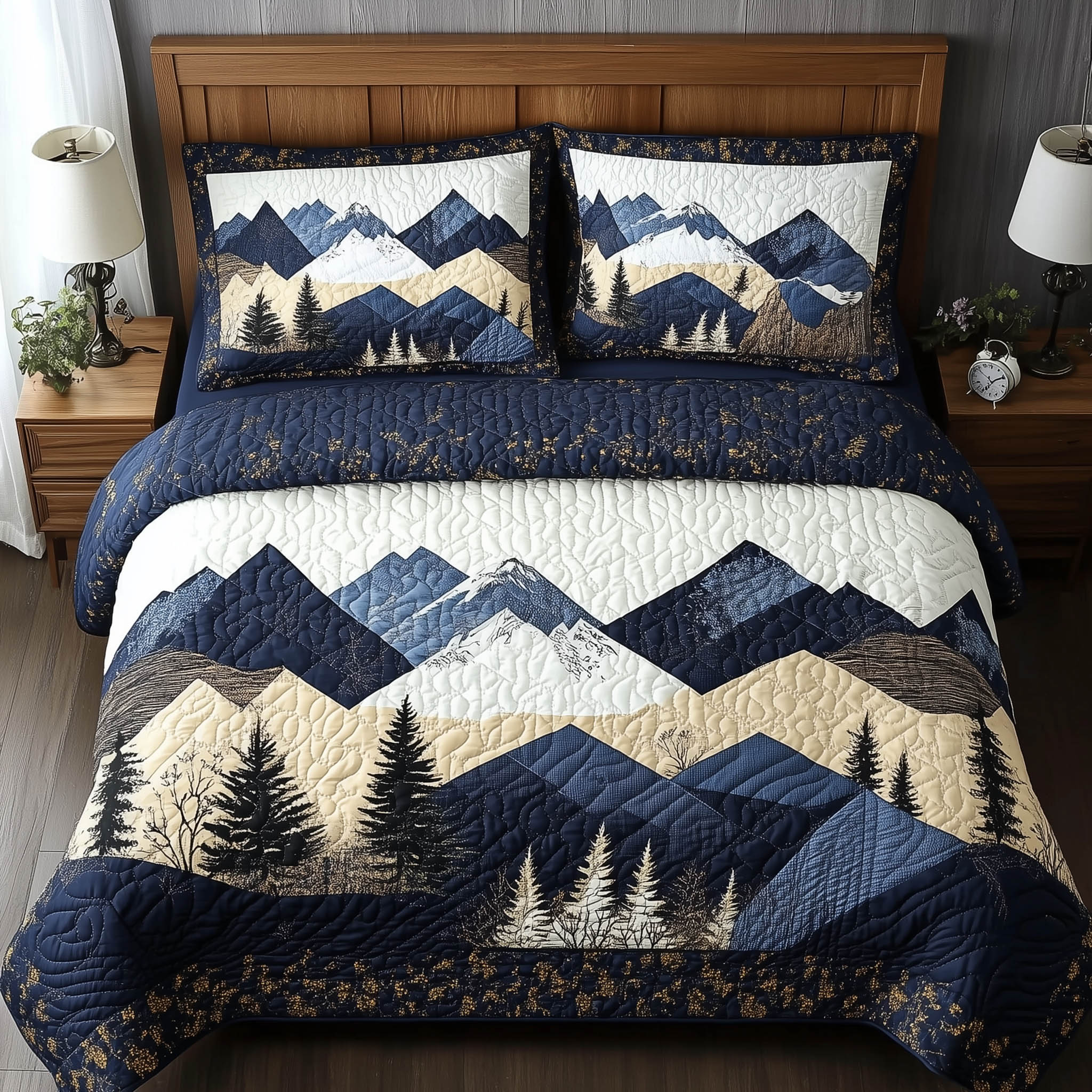 Blue Mountain Quilted Bedding Set Blue Mountain View Gift For Mountain Family - Tradiviet