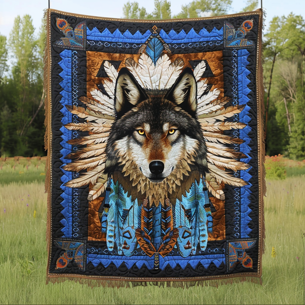 Blue Native Wolf Quilted Blanket Decorations Gift For Grandpa - Tradiviet