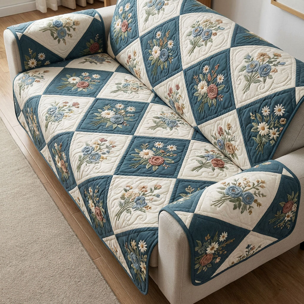 Blue Patch Bloom Quilted Sofa Cover Living Room Sofa Covers Birthday Presents For Mum - Tradiviet