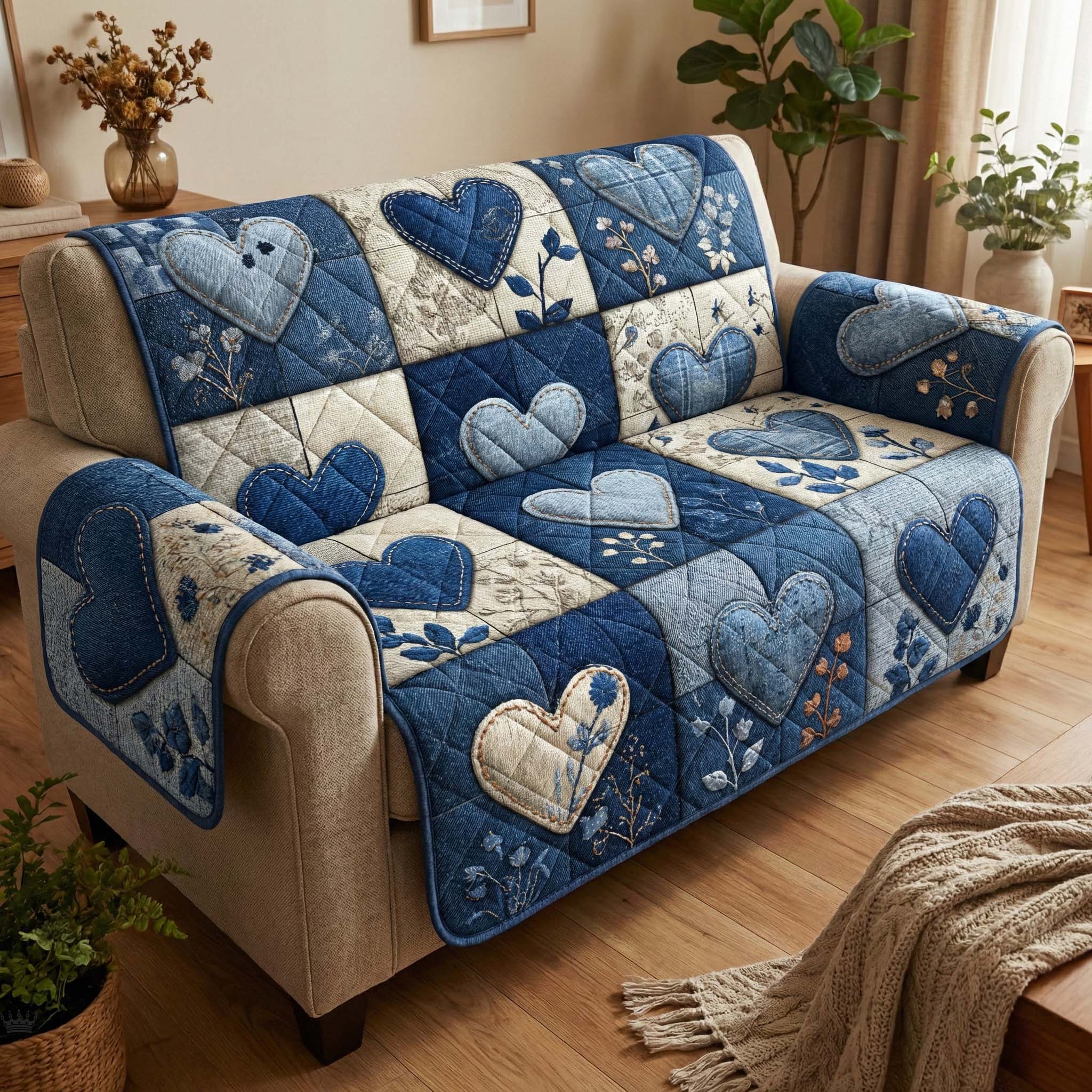 Blue Patchwork Quilted Sofa Cover Patchwork Home Couch Cover Gift For New Homeowners - Tradiviet