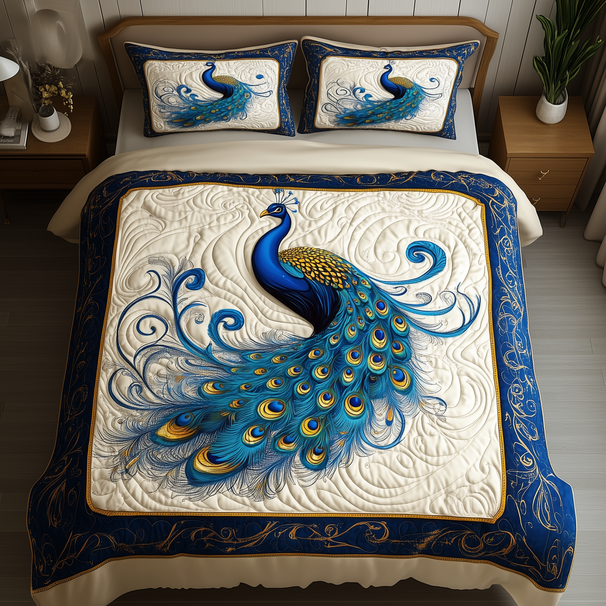 Blue Peacock Quilted Bedding Set Blue Peacock Homeware Gift For Peacock Lovers - Tradiviet