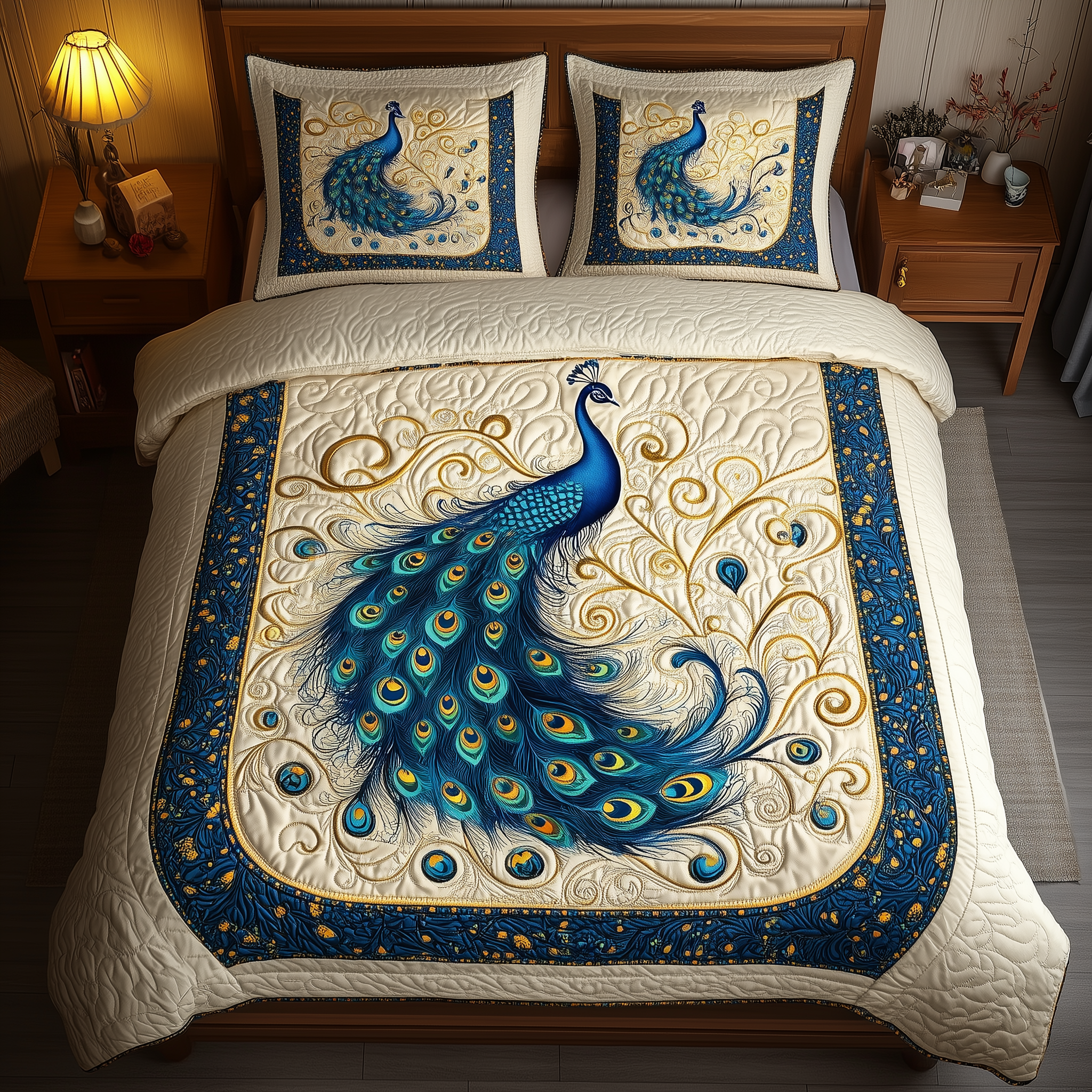 Blue Peacock Quilted Bedding Set Blue Peacock Island Gift For Peacock Fans - Tradiviet