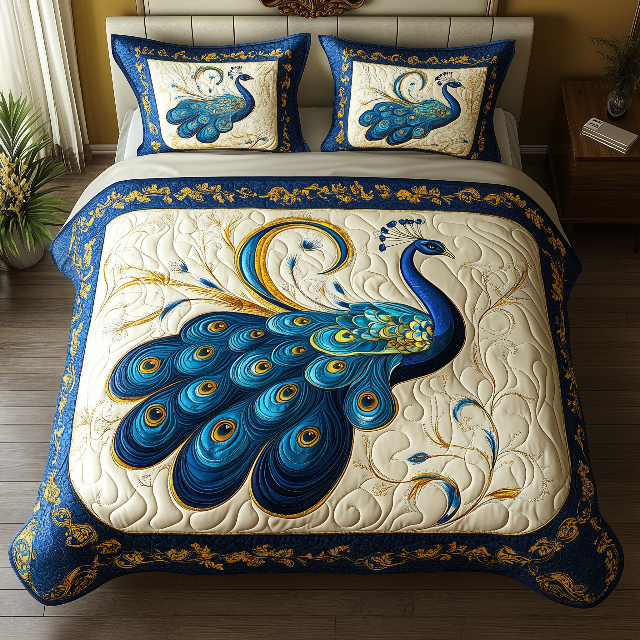Blue Peacock Quilted Bedding Set Blue Peacock Landscape Gift For Blue - Tradiviet
