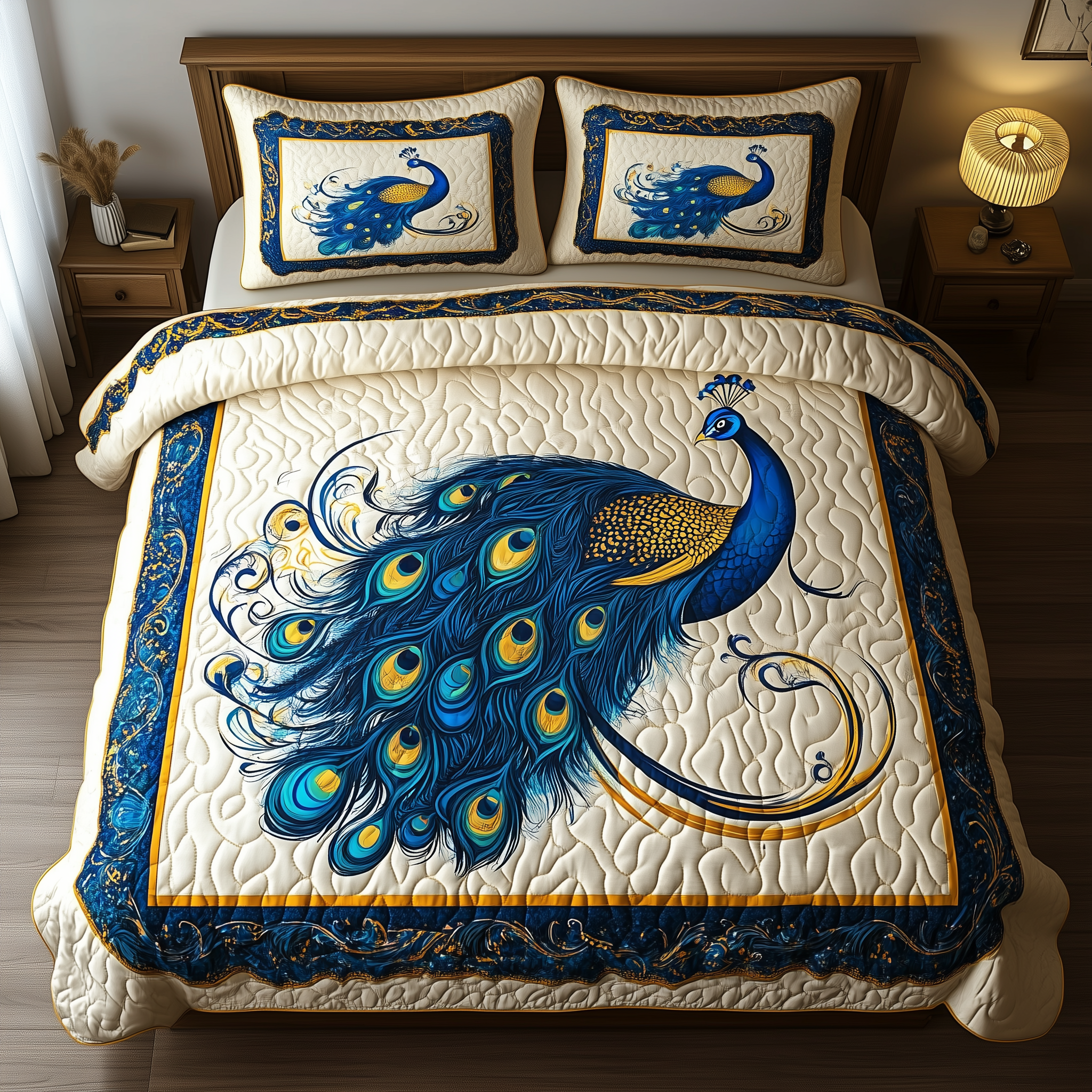 Blue Peacock Quilted Bedding Set Blue Peacock Oasis Gift For Blue Peacock - Tradiviet