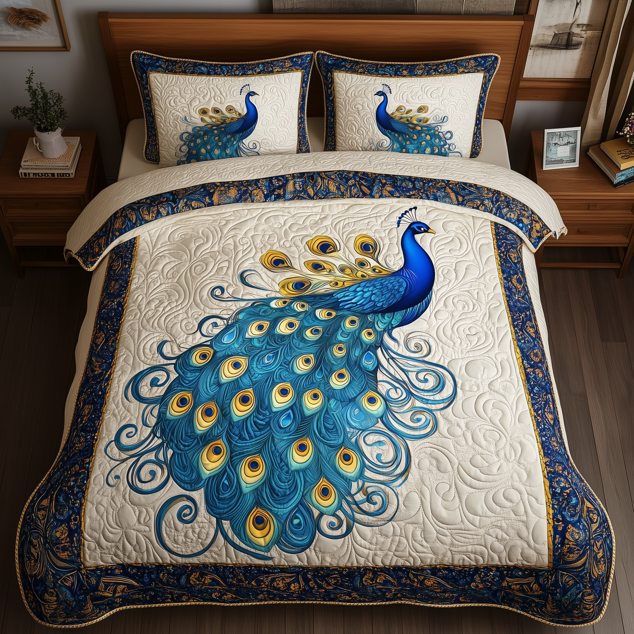Blue Peacock Quilted Bedding Set Blue Peacock Pride Gift For Blue Fans - Tradiviet