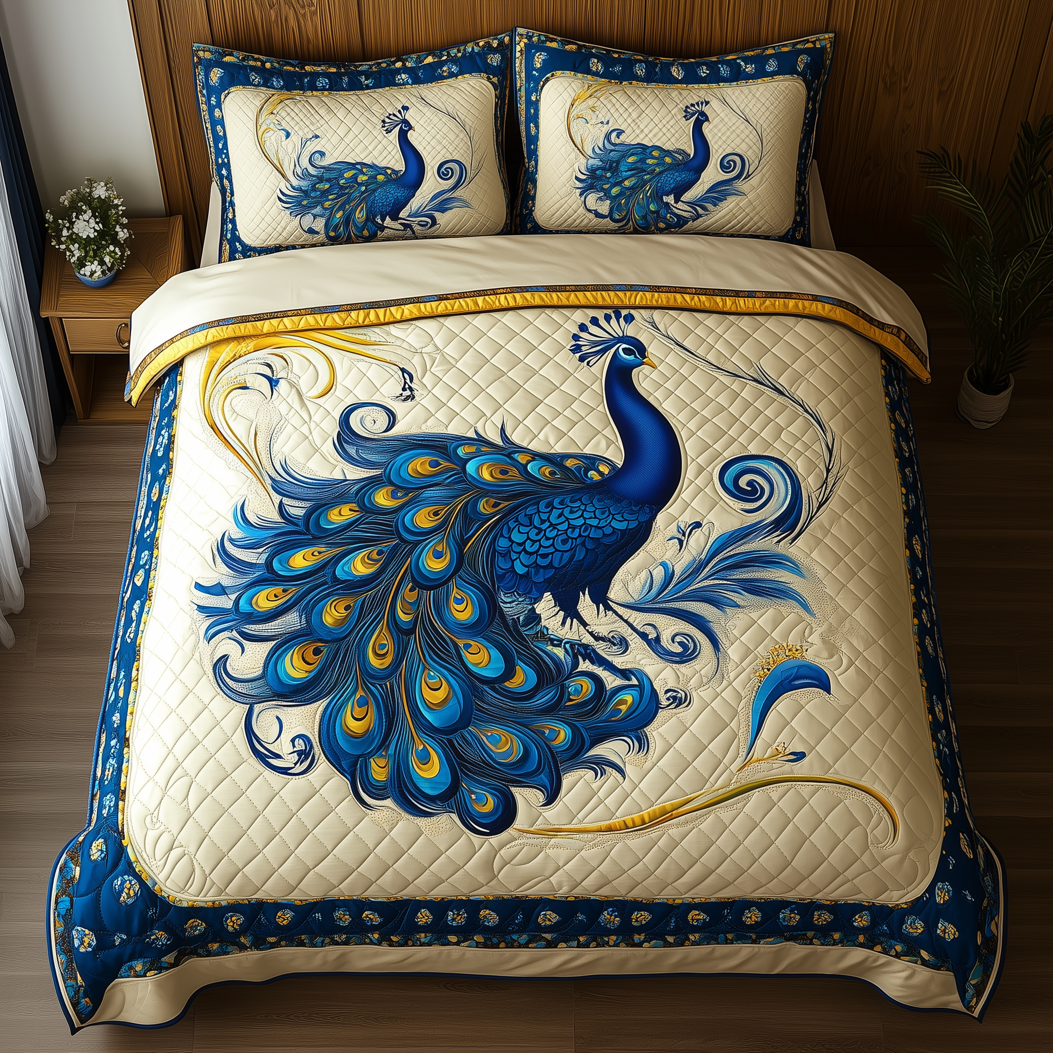 Blue Peacock Quilted Bedding Set Blue Peacock Textile Gift For Blue Lovers - Tradiviet