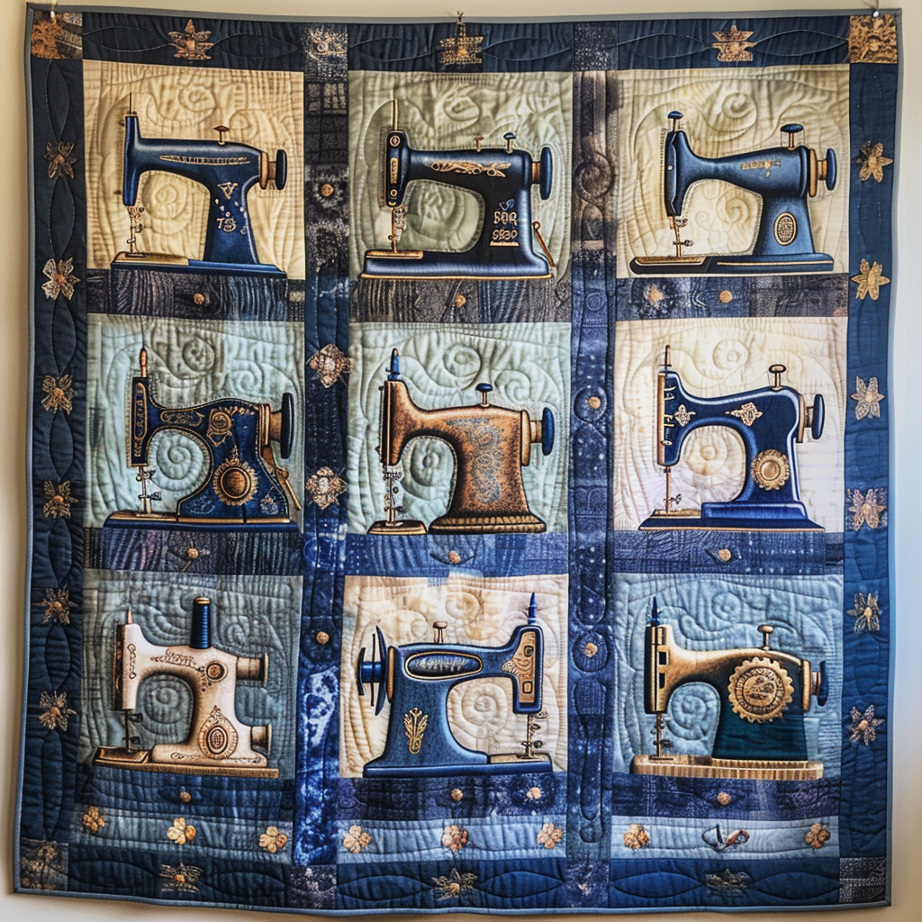 Blue Sewing Machine Quilted Blanket Home Decor Ideas Gift For Brother - Tradiviet