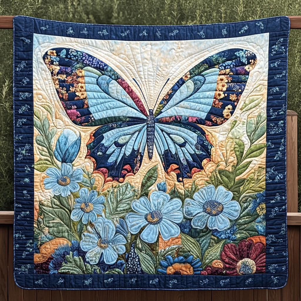Blue Sky Blossom Butterfly Quilted Blanket Living Room Decor Gift For Daughter - Tradiviet
