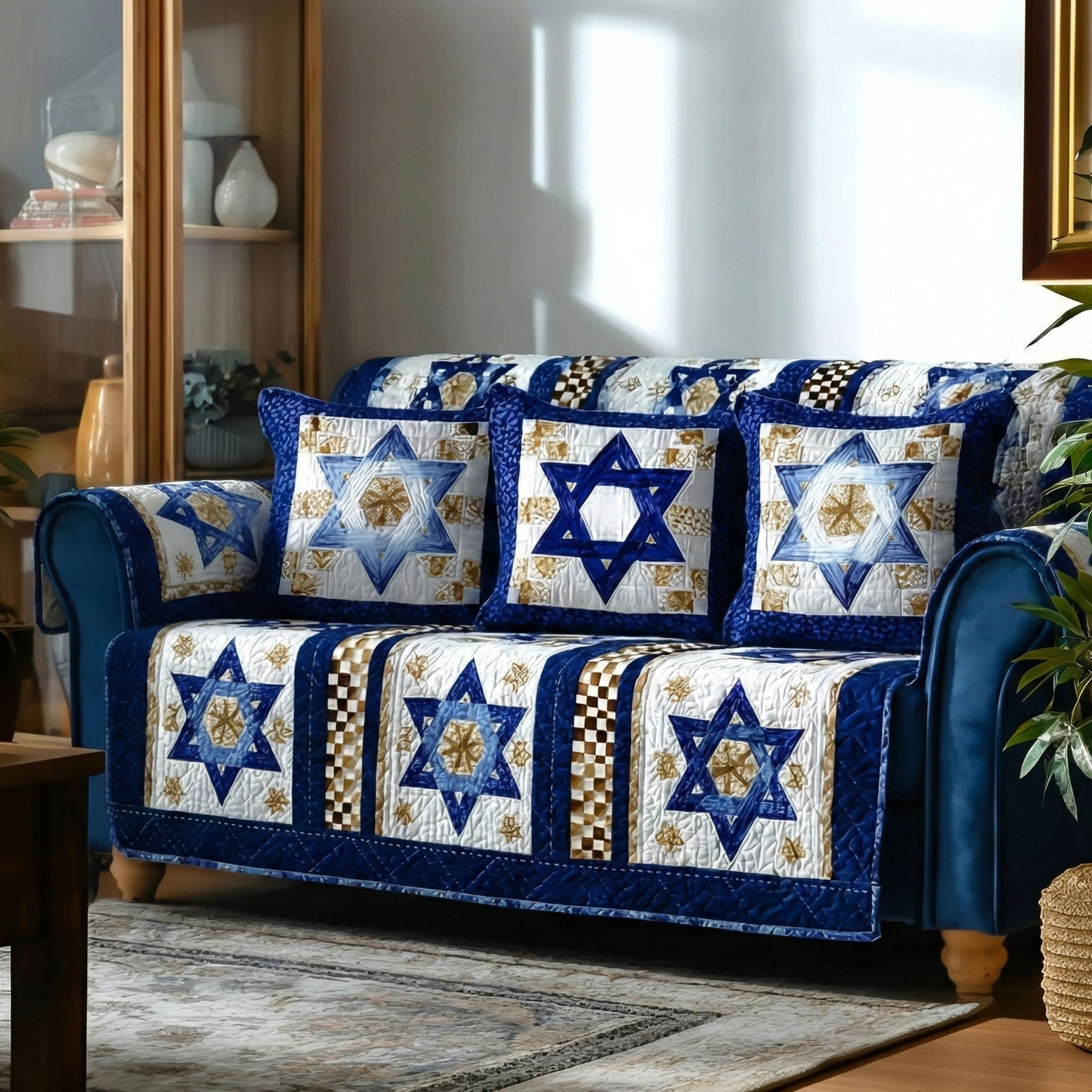 Blue Star Harmony Quilted Sofa Cover Couch Protector Gifts For Jewish Friends - Tradiviet