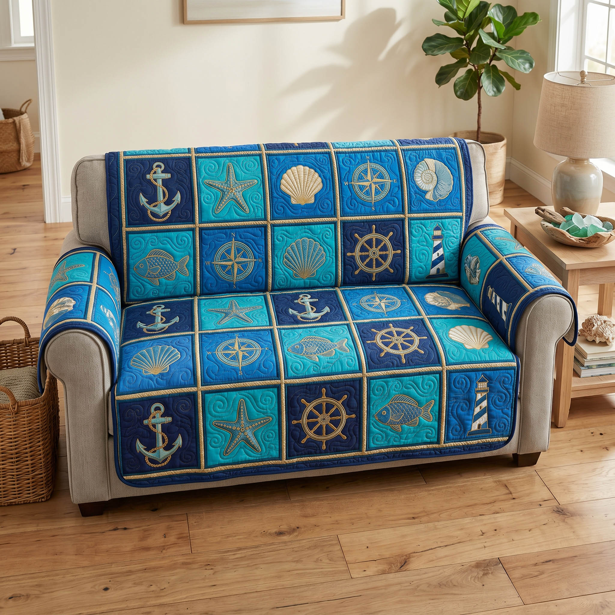 Blue Tide Quilted Sofa Cover Elegant Room Decor Gift For Living Room - Tradiviet
