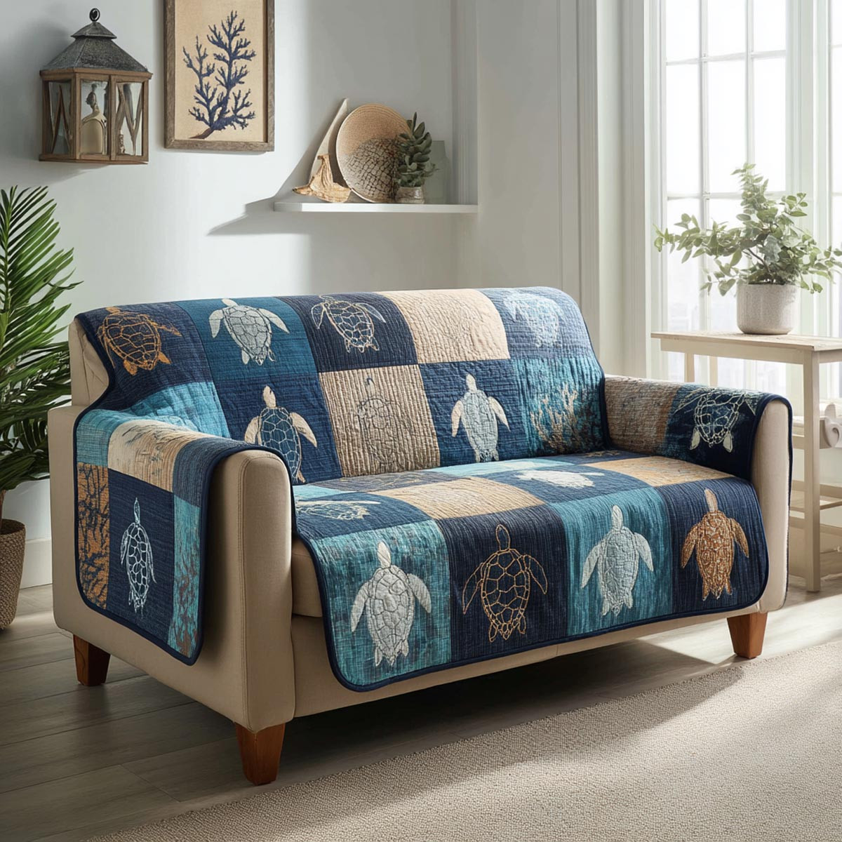 Blue Turtle Quilted Sofa Cover Living Room Decor Ideas Sea Turtle Gift Shop - Tradiviet
