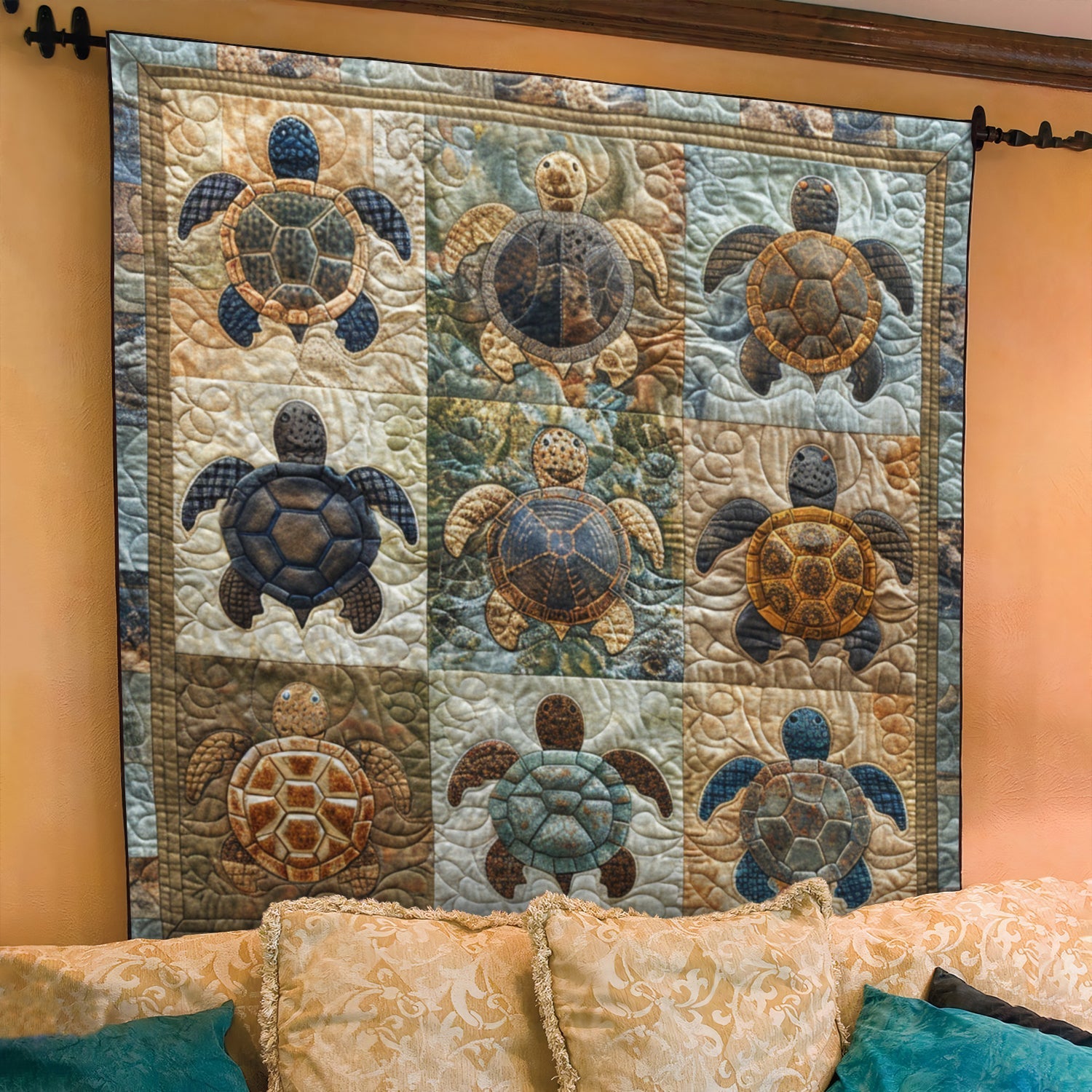 Blue Wave Turtle Dance Quilted Blanket Room Decor Ideas Gift For Nana - Tradiviet