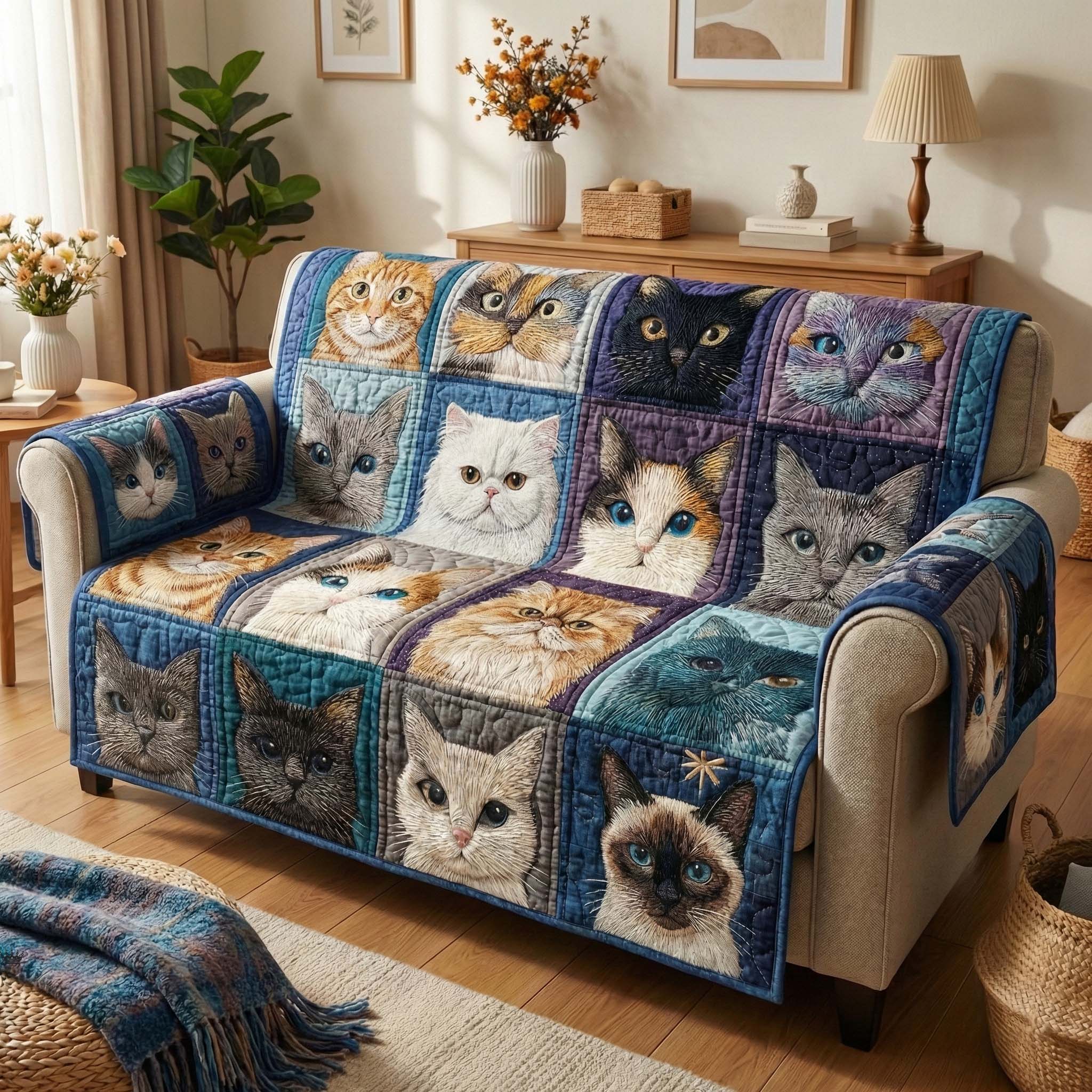 Blue Whiskers Quilted Sofa Cover Cat Home Couch Cover Home Lover Gift Ideas - Tradiviet