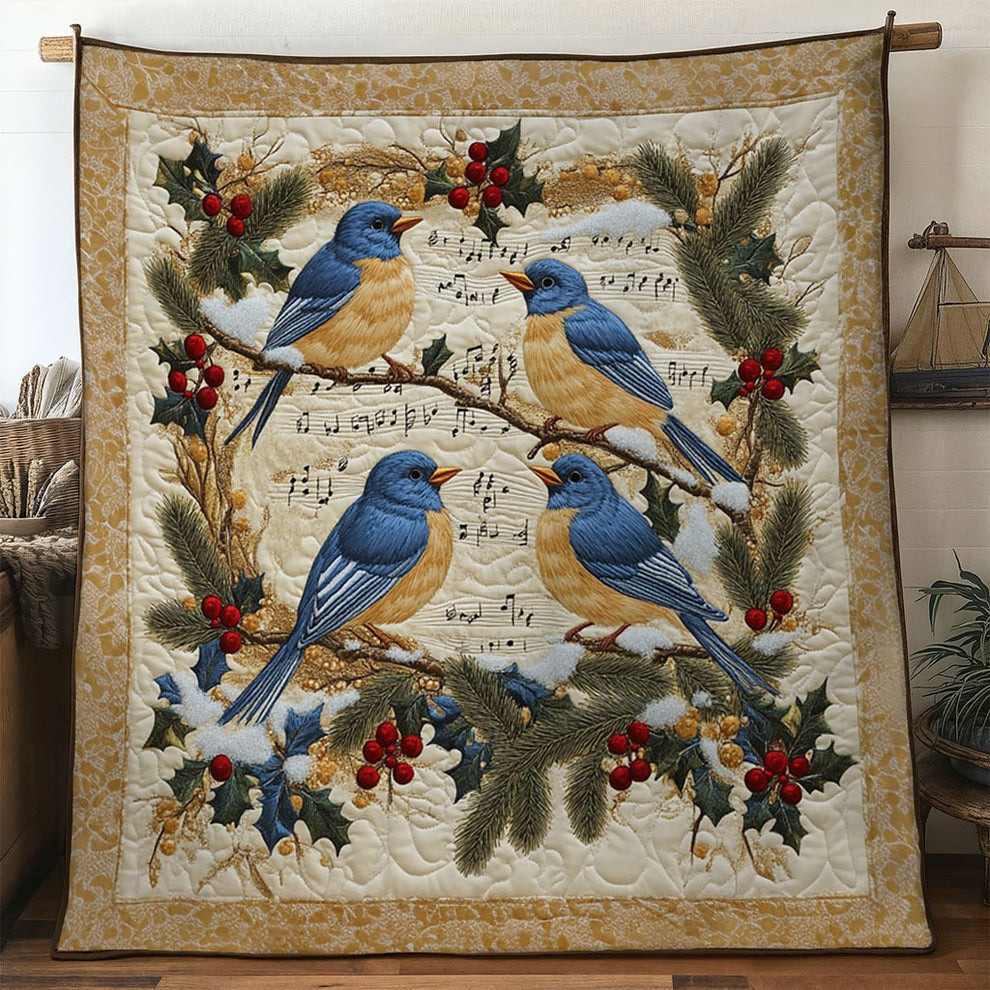 Bluebirds Christmas Quilt Blanket Winter Holiday Merch Xmas Gifts For Bird Lovers - Tradiviet