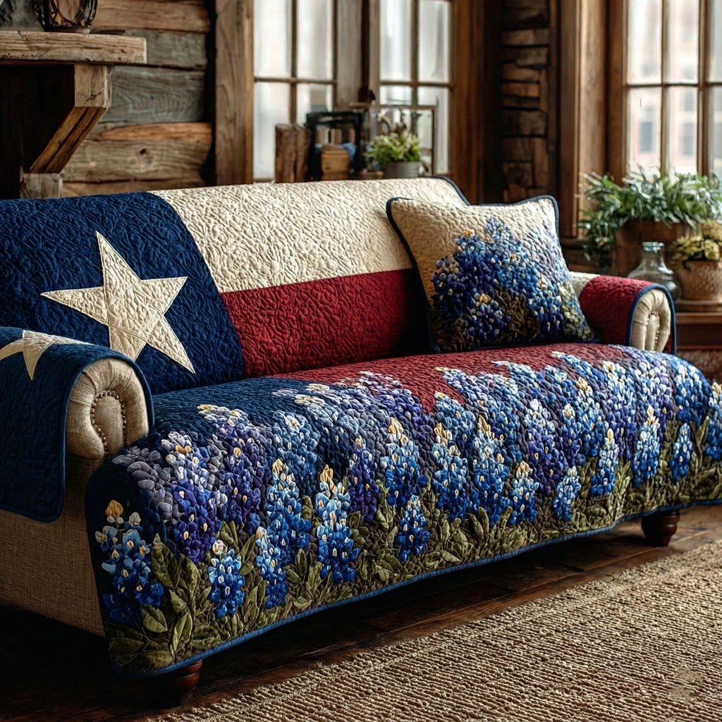 Bluebonnet Prairie Pride Quilted Sofa Cover Rustic Room Decor Home Lover Gift Ideas - Tradiviet