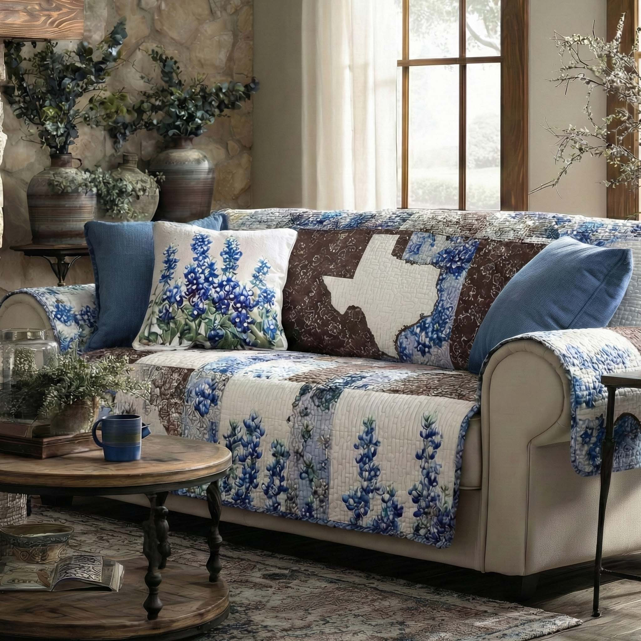 Bluebonnet Ranch Quilted Sofa Cover Covers For Sofas Patriotic Texan Gifts - Tradiviet