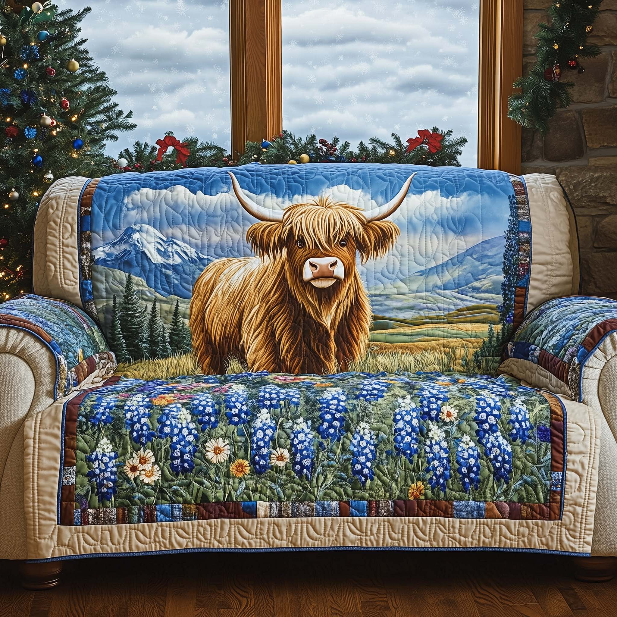 Bluebonnet Serenity Quilted Sofa Cover Cozy Home Couch Cover Presents For Deer Hunters - Tradiviet
