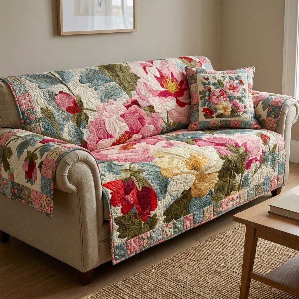 Blush Botanical Quilt Quilted Sofa Cover Luxury Home Room Decor Home Gifts For Her - Tradiviet