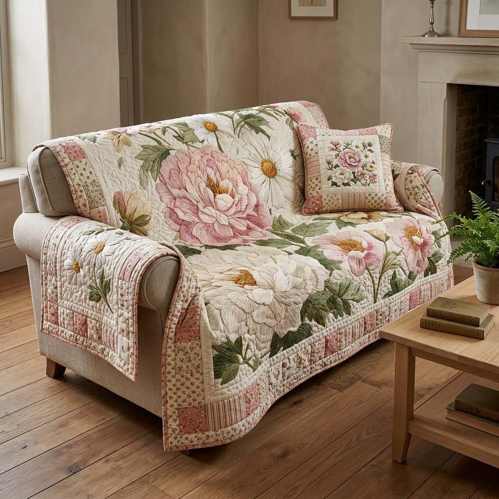 Blush Daisy Meadow Quilted Sofa Cover Chic Home Room Decor Home Gift For Her - Tradiviet
