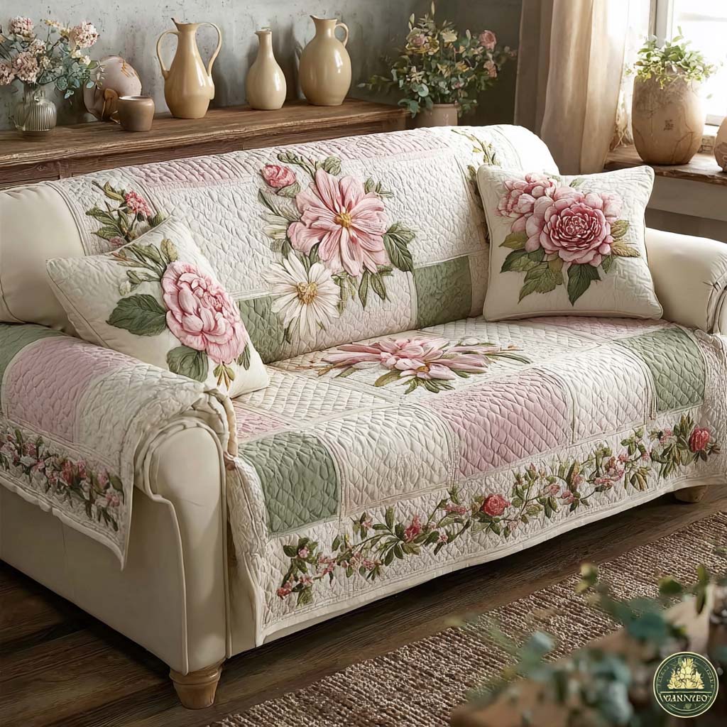 Blush Flower Charm Quilted Sofa Cover Cozy Room Decor Gift For Home Lover - Tradiviet