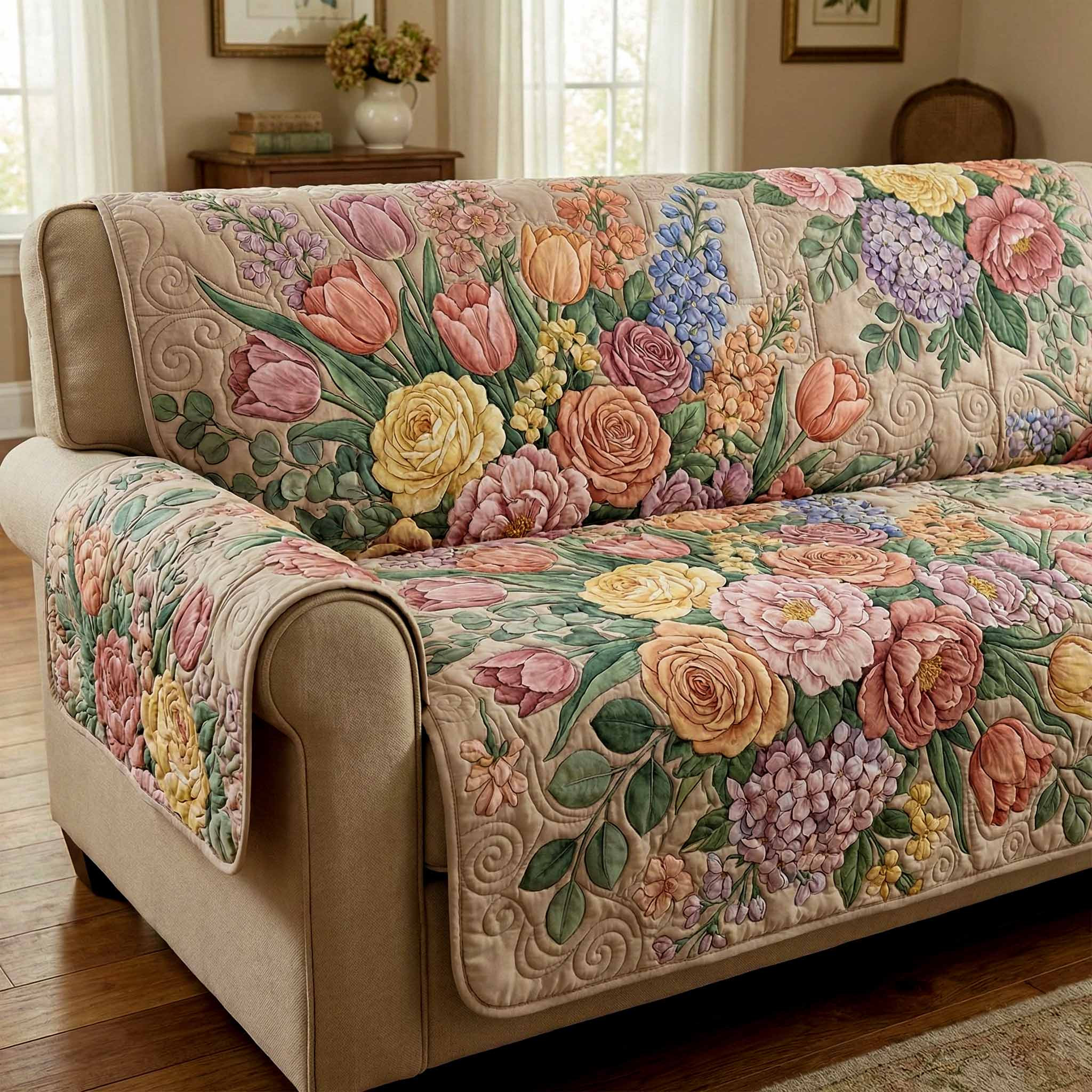 Blush Garden Quilted Sofa Cover Sofa Couch Cover Mother's Day Gifts For Elderly - Tradiviet