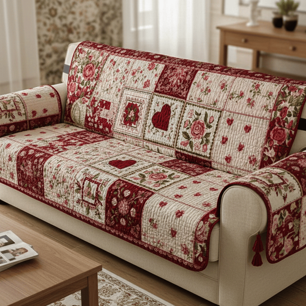Blush Rose Cottage Heart Quilted Sofa Cover Sofa Protector Cover Valentine Day Gifts For My Wife - Tradiviet