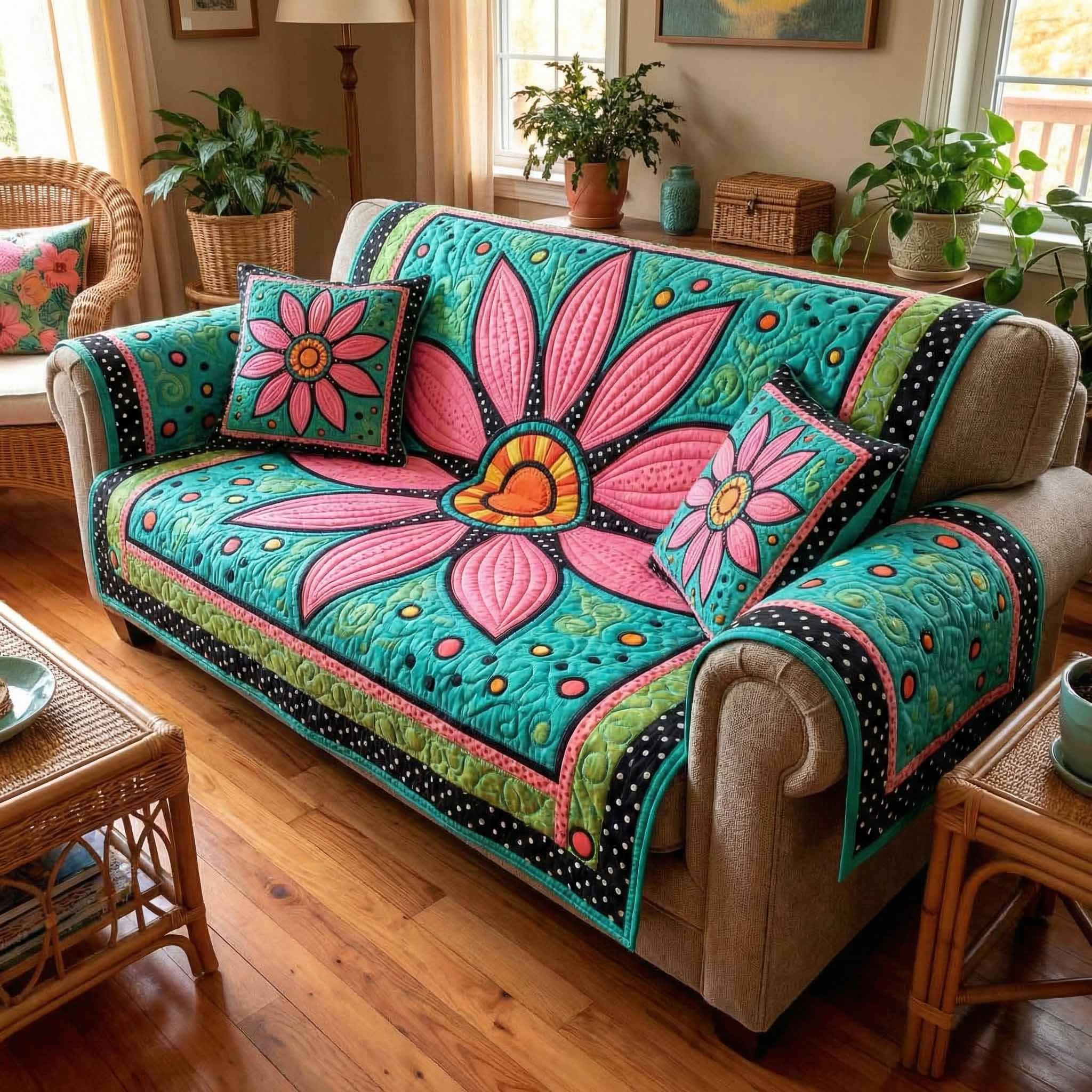 Boho Flower Quilted Sofa Cover Living Room Sofa Covers Luxury Mother's Day Gifts - Tradiviet