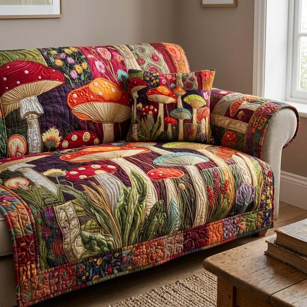 Boho Mushroom Patch Quilted Sofa Cover Table Room Decor Gift For New Homeowners - Tradiviet