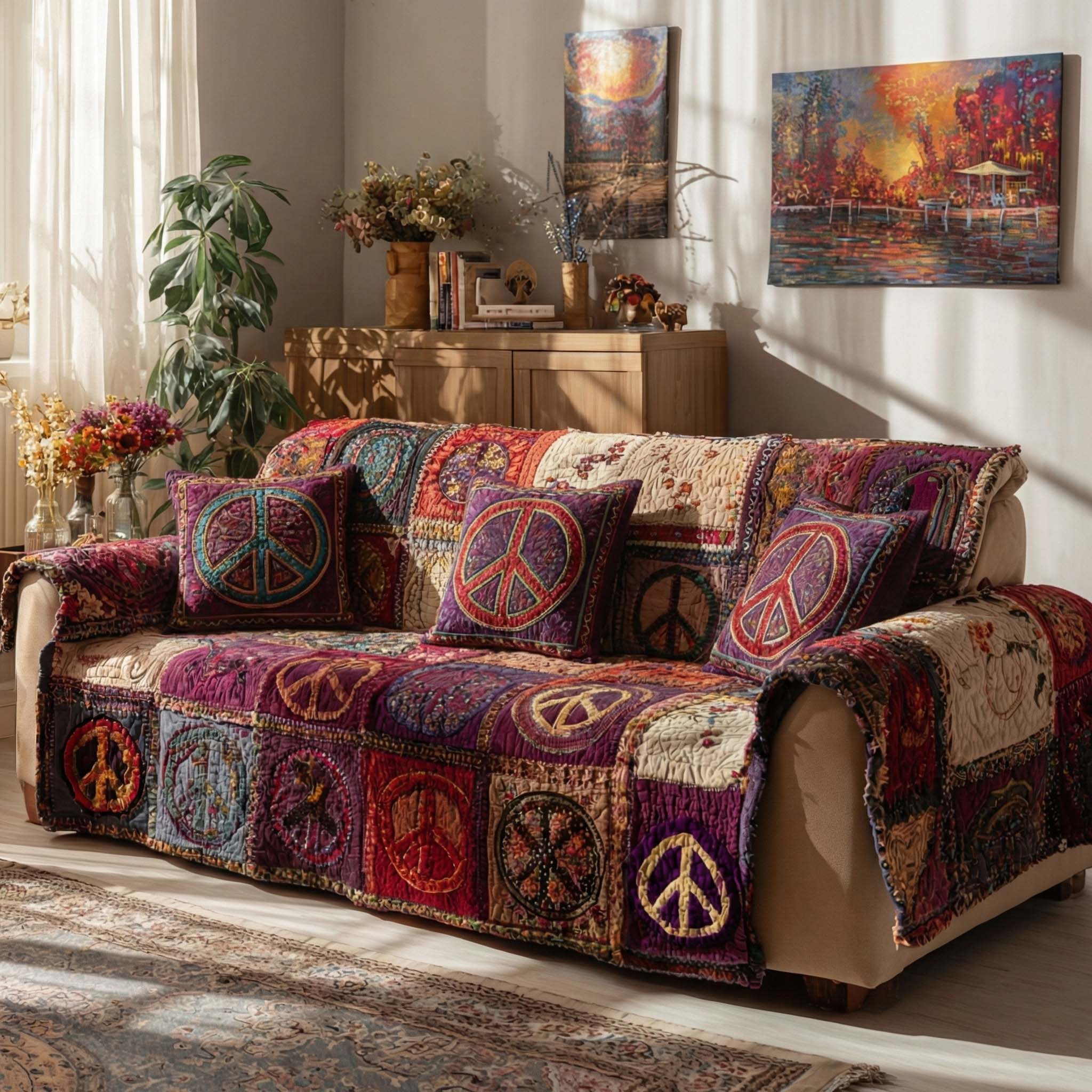 Boho Peace Garden Quilted Sofa Cover Rustic Room Decor Home Gifts For Him - Tradiviet